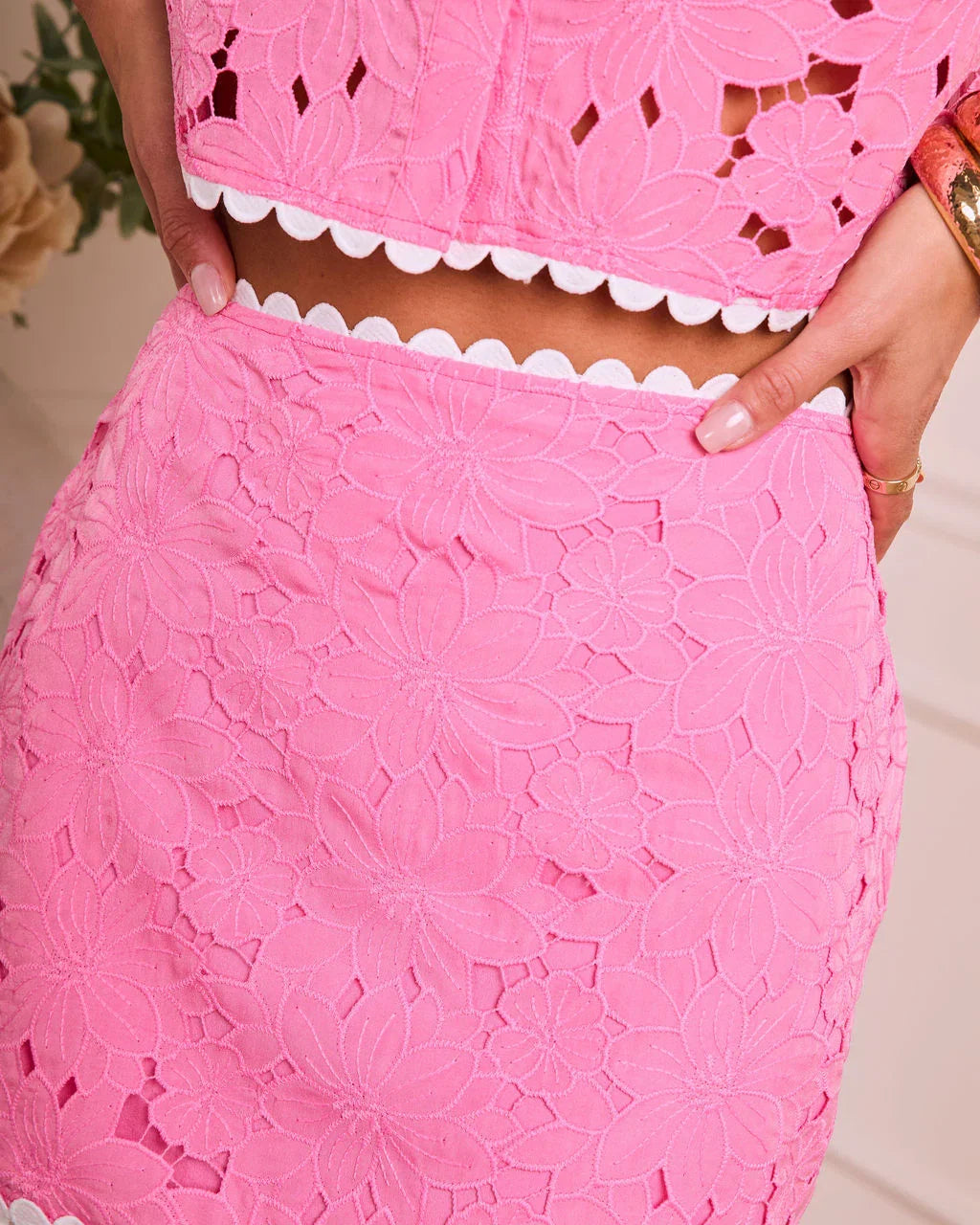 Sunlit Sweetheart Contrast Trim Floral Lace Mini Skirt