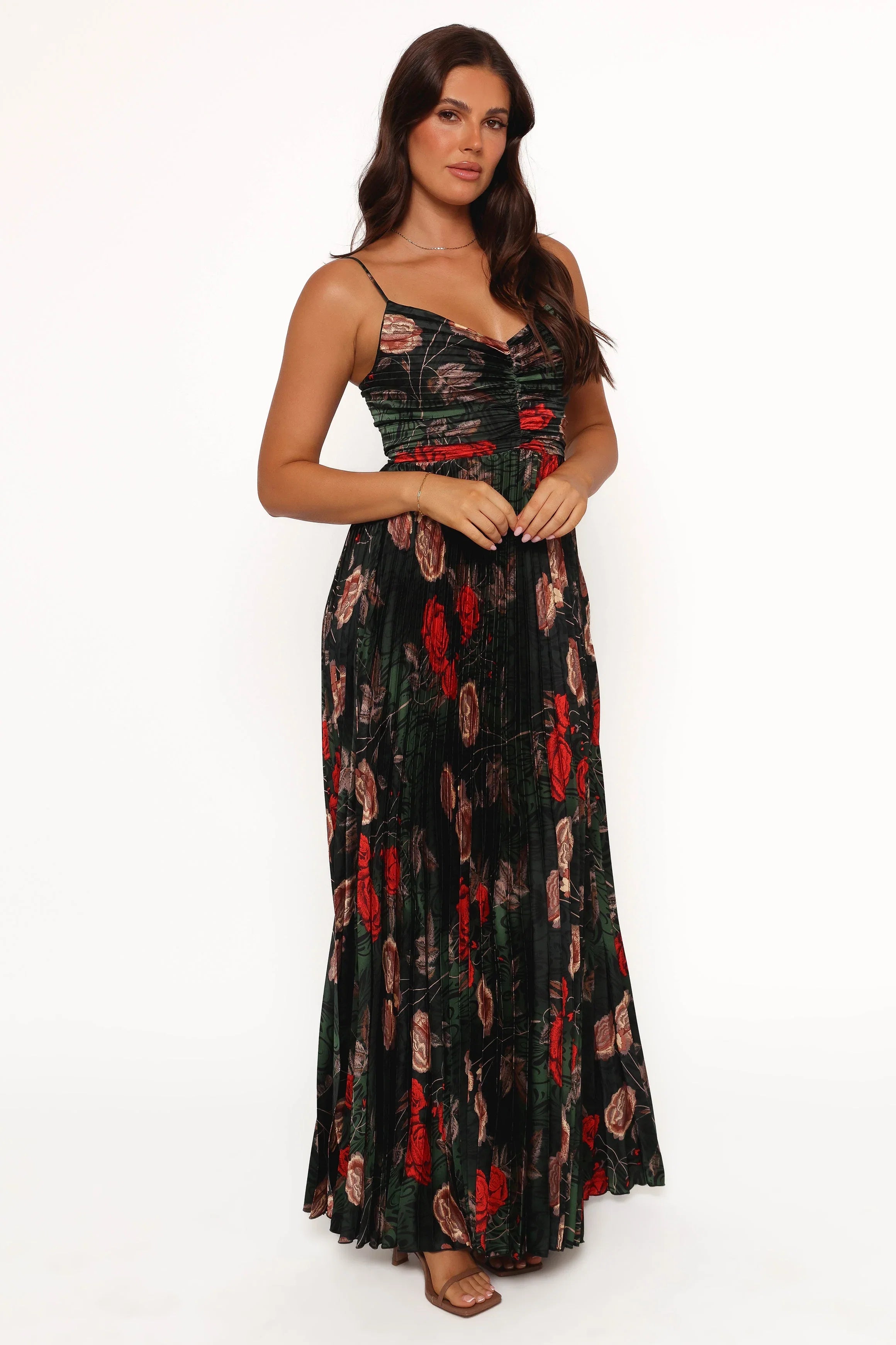 Naira Pleated Maxi Dress Green Floral