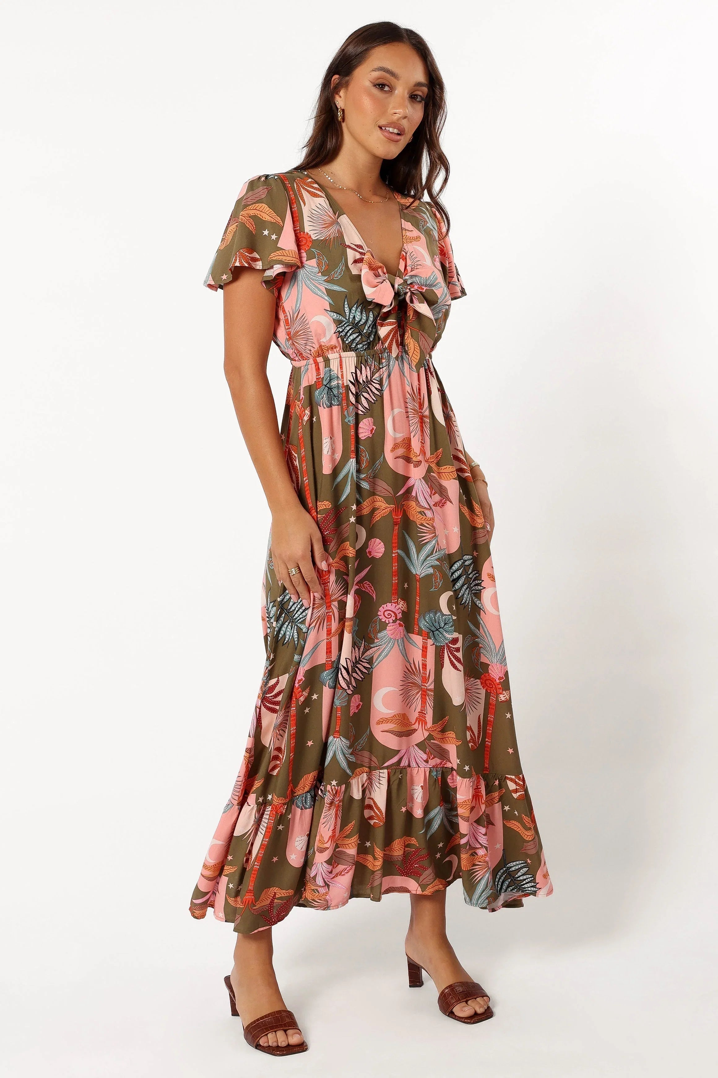 Everly Short Sleeve Maxi Dress Olive Print