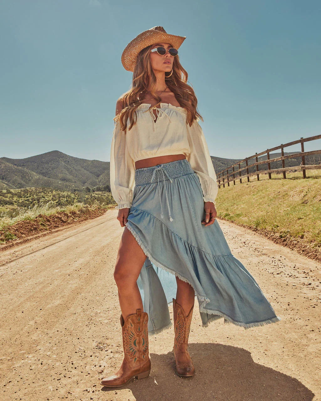 Prairie Rebel Frayed High Low Denim Maxi Skirt