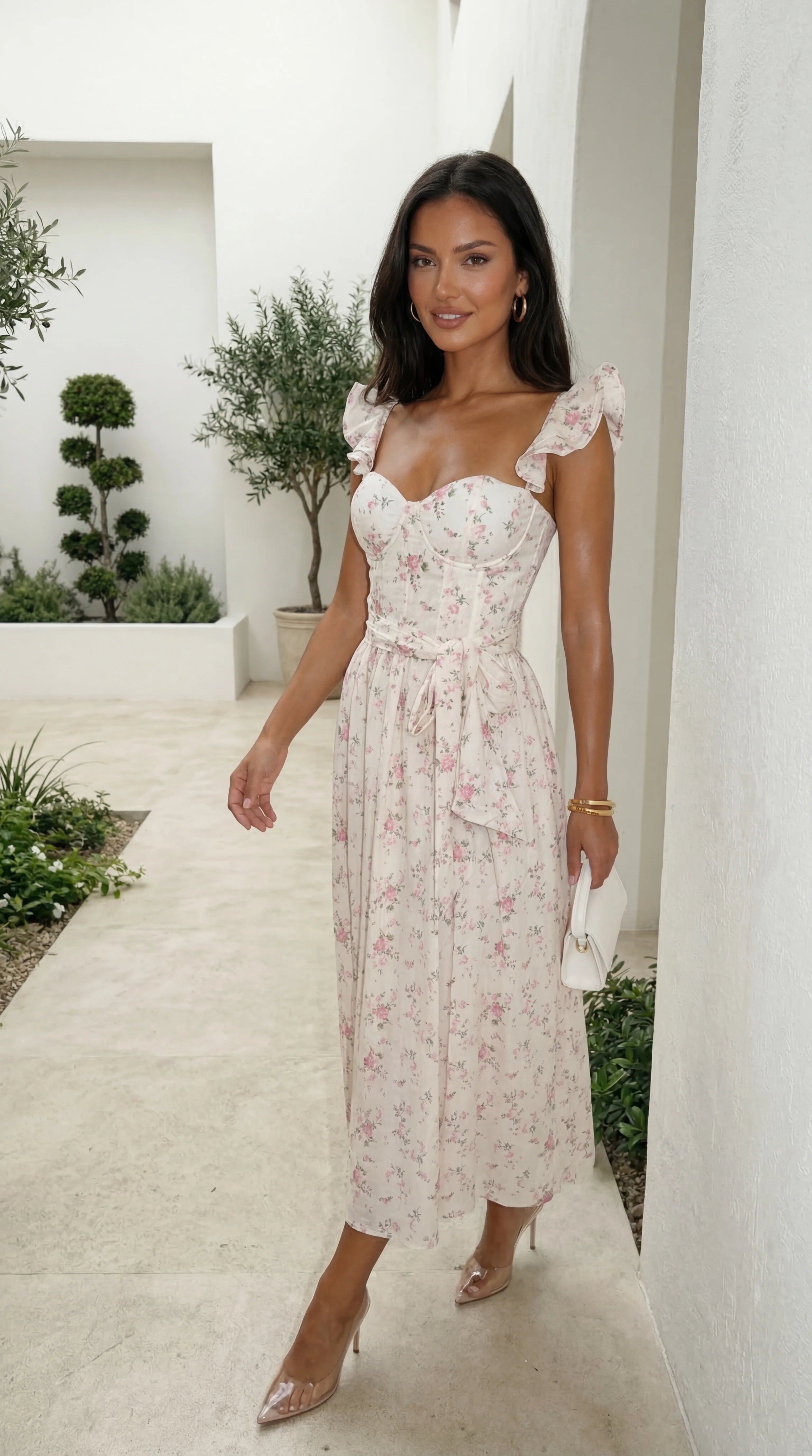 Florienne Floral Corset Flutter Midi Dress Ivory
