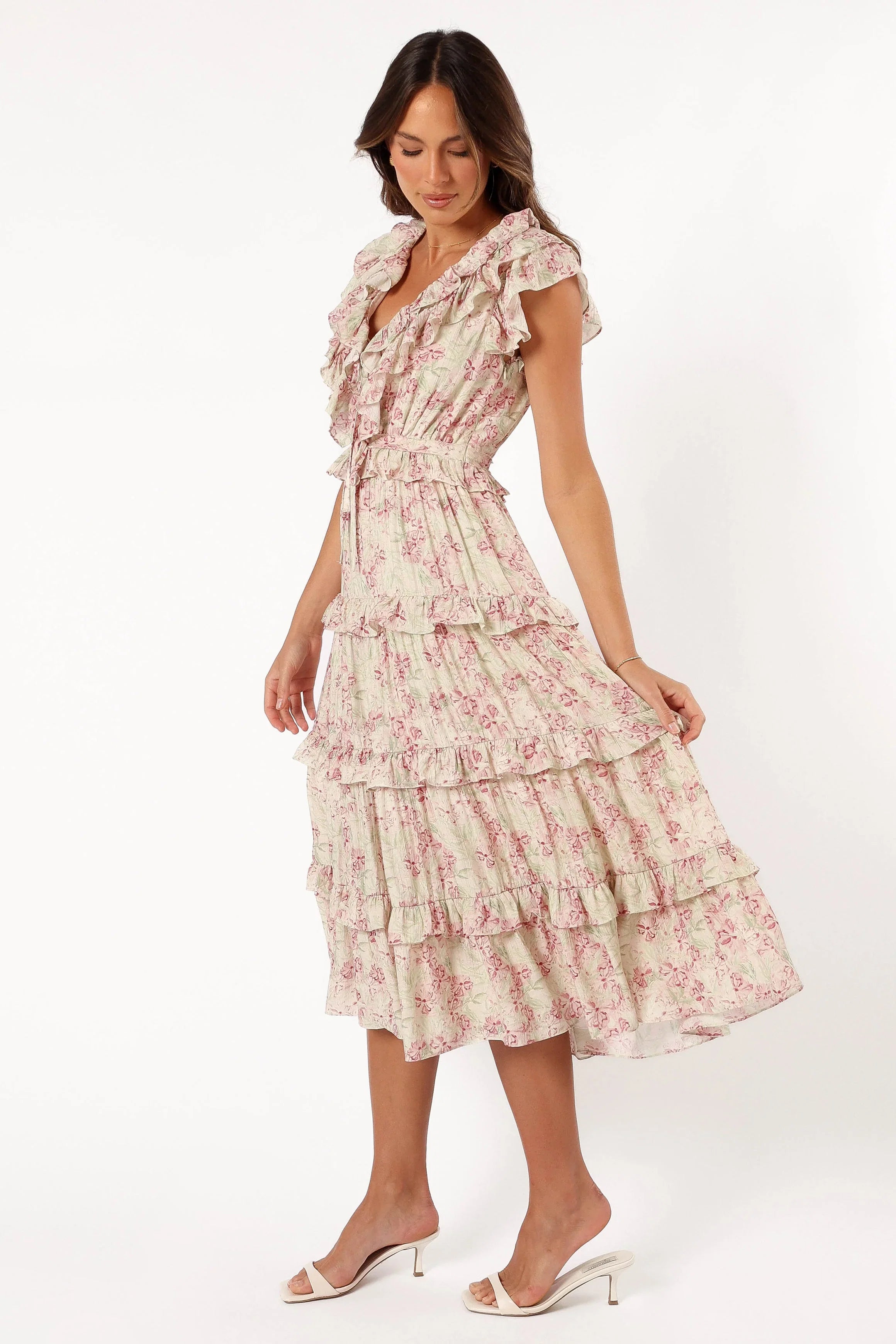 Levelle Midi Ruffle Dress Ivory Red Green Floral