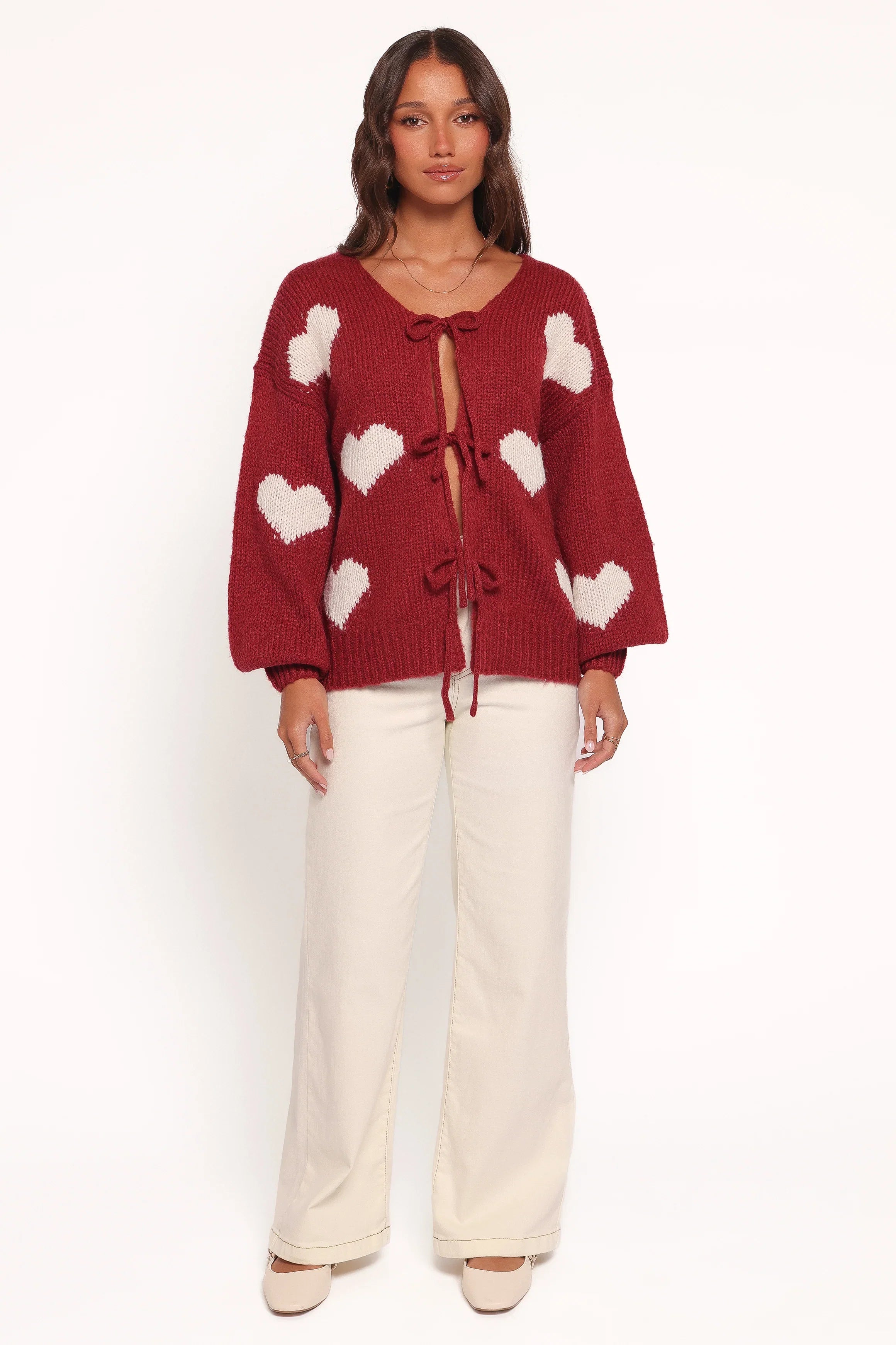 Nadine All Over Heart Tie Front Cardigan Wine
