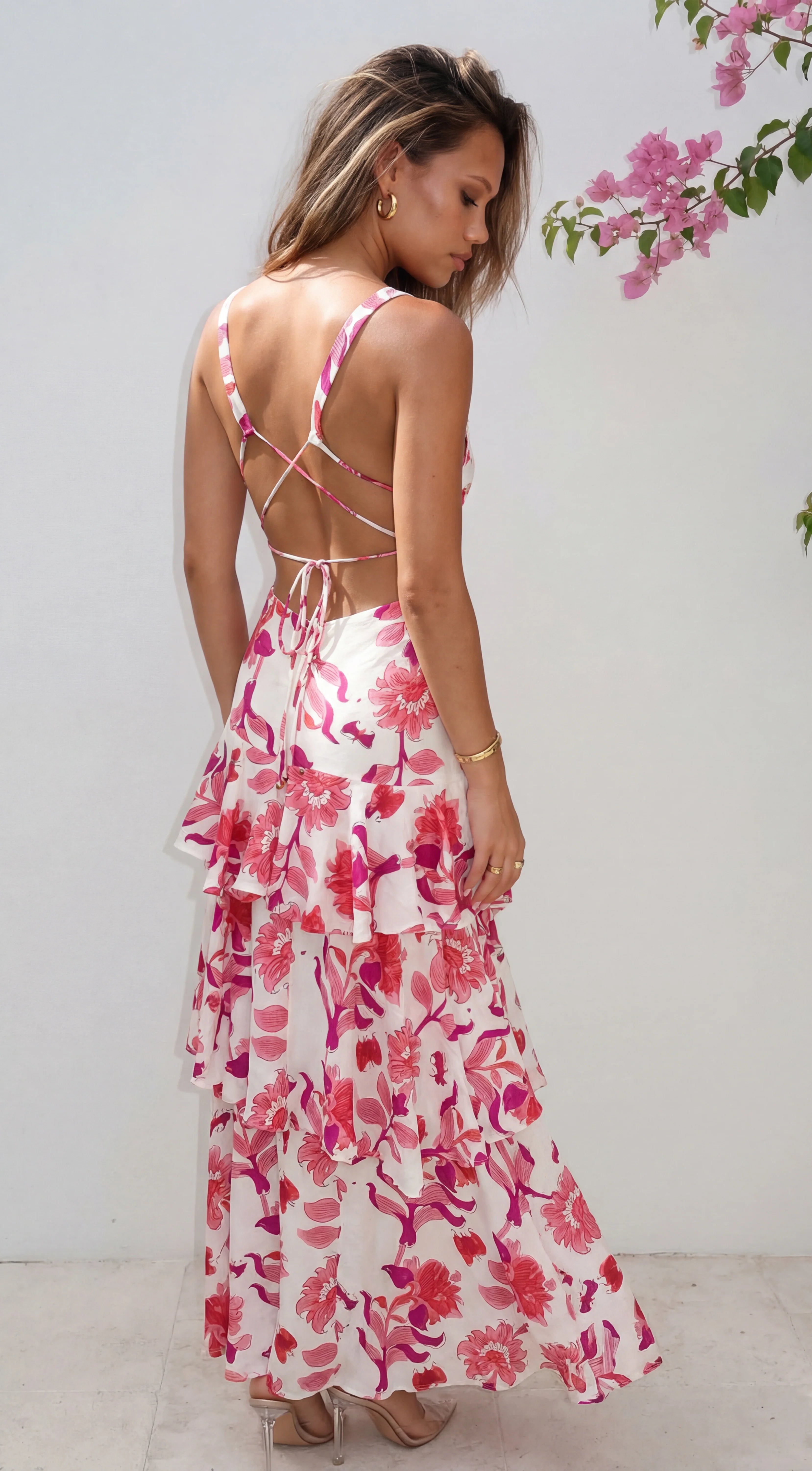 Azélie Floral Tiered Maxi Dress Pink Multi