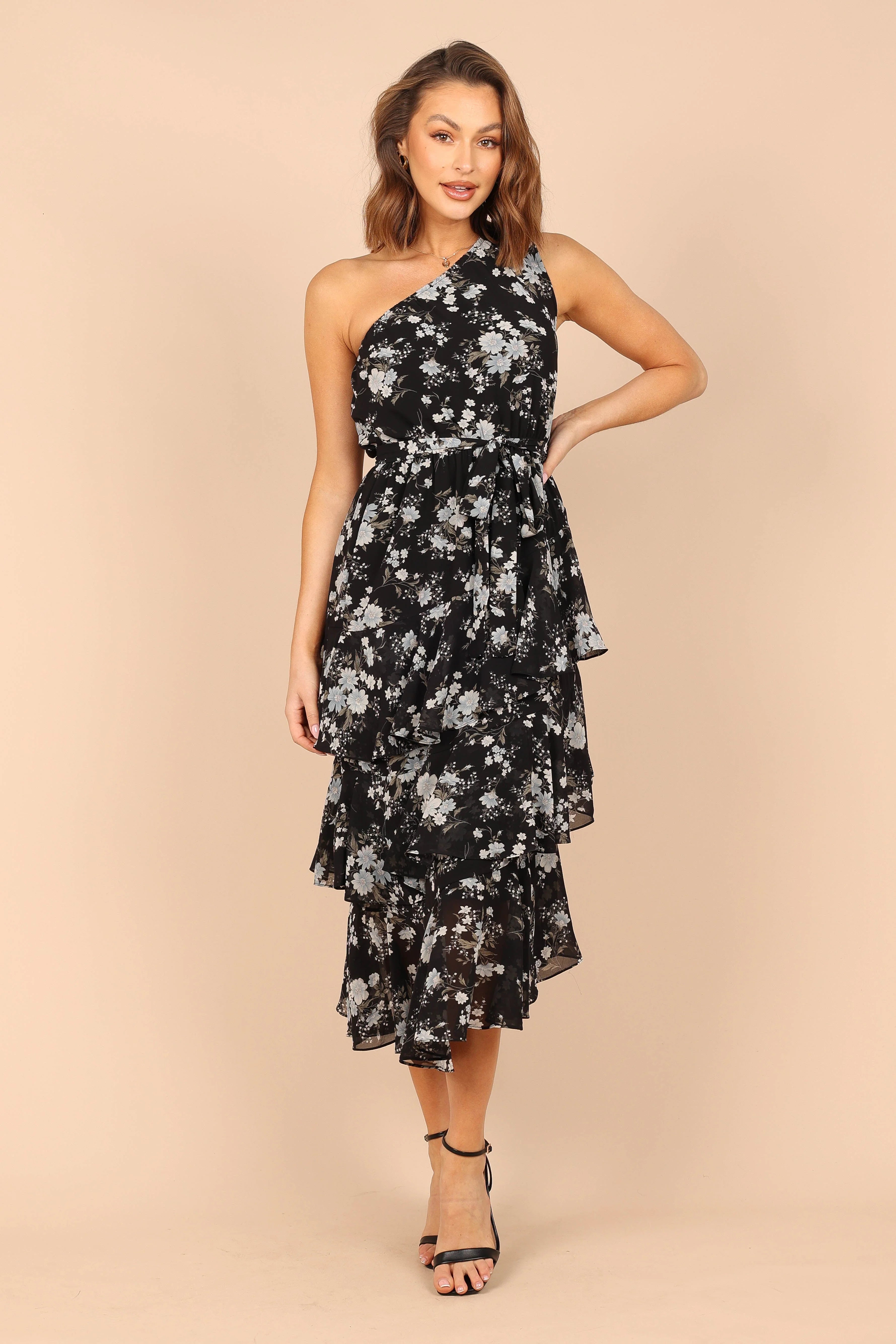 Brigette One Shoulder Tiered Midi Dress Black Floral