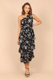 Brigette One Shoulder Tiered Midi Dress Black Floral