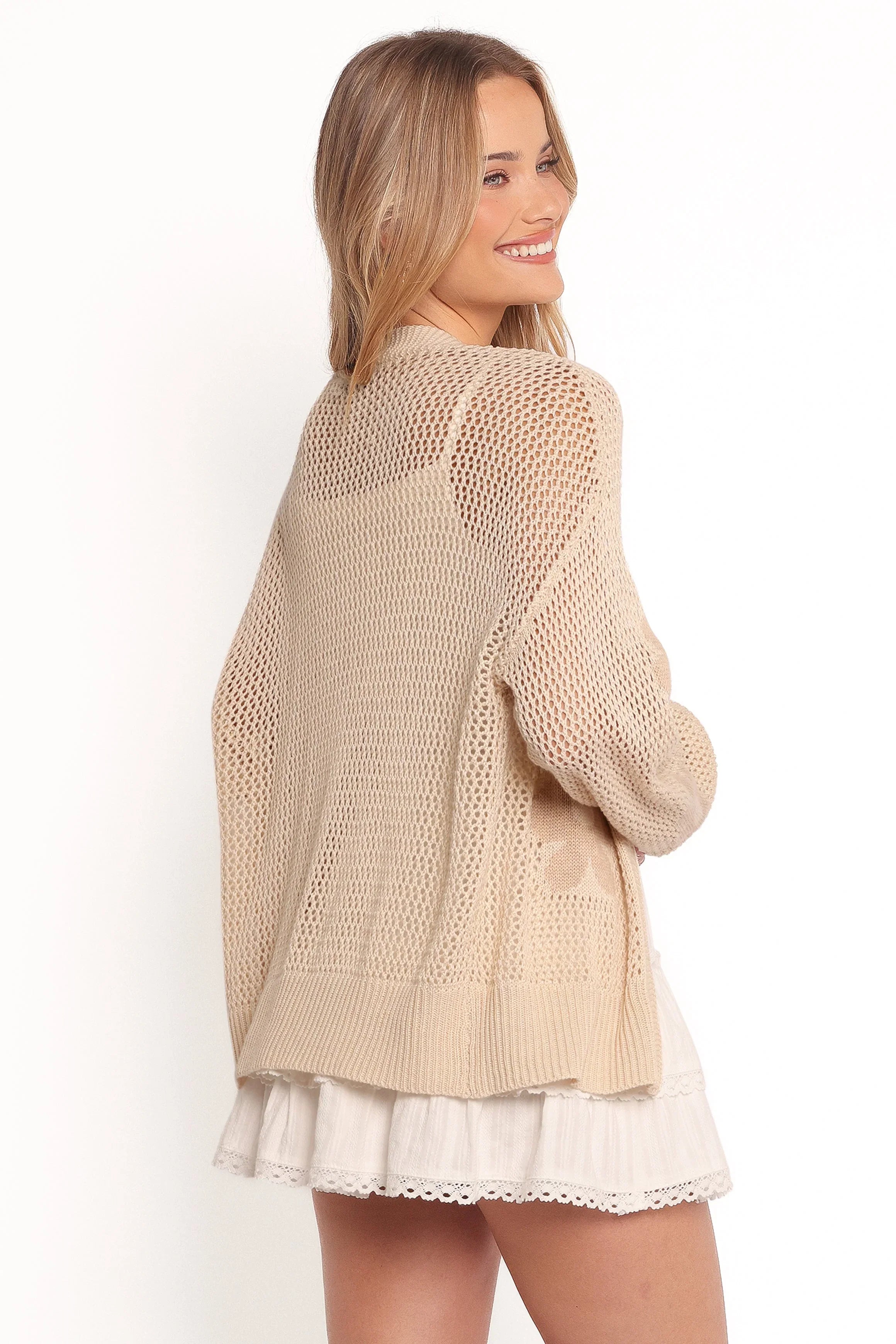 Winslow Open Knit Flower Cardigan Tan