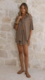 Tali Button Up Shirt and Shorts Set Mocha Yellow Stripe