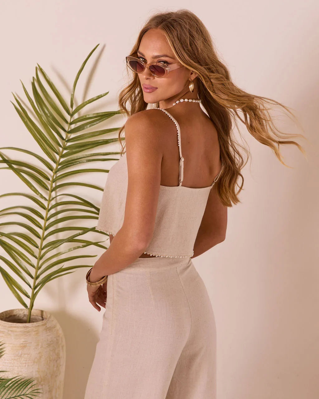 Kimora Linen Faux Pearl Trim Top