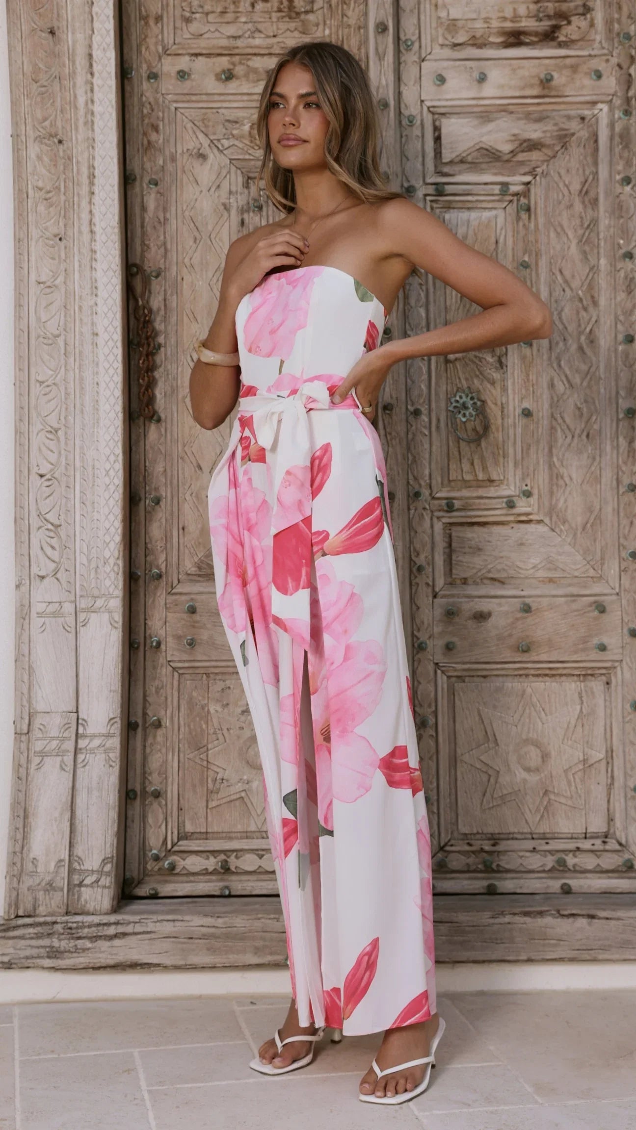 Carson Front Split Strapless Jumpsuit Pink Floral