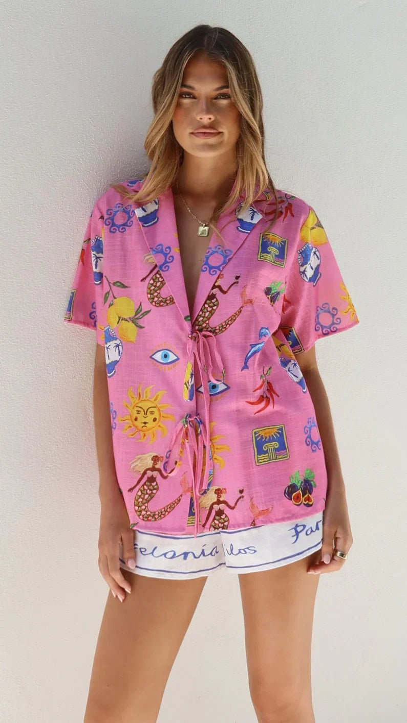 Dayana Tie Up Shirt and Shorts Set Greek Island Print
