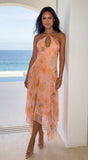 Esperalia Floral Halter Asymmetric Midi Dress Orange Multi