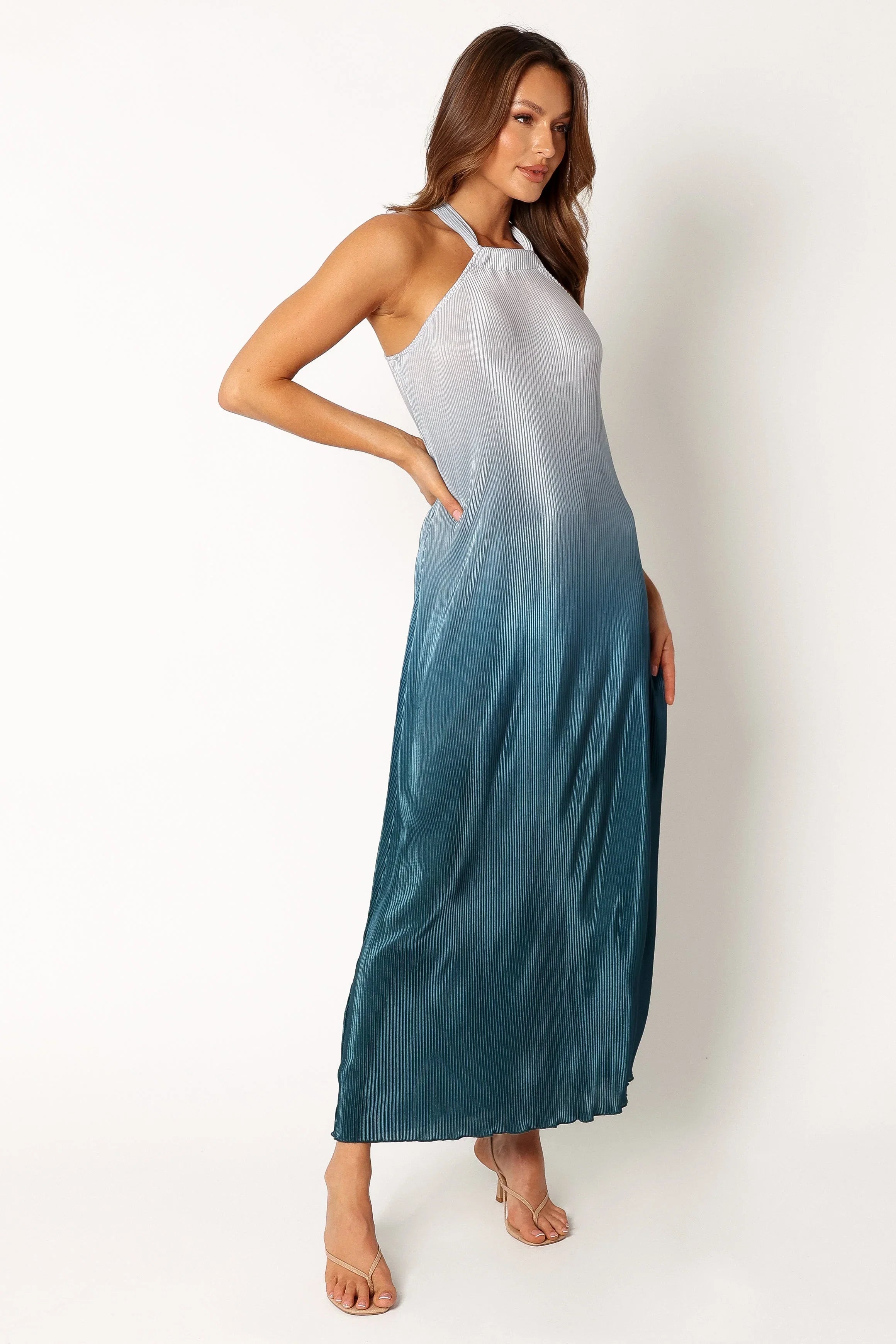 Melody Plisse Halter Maxi Dress Navy Gradient