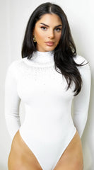 Annisa Mock Neck Rhinestone Bodysuit White