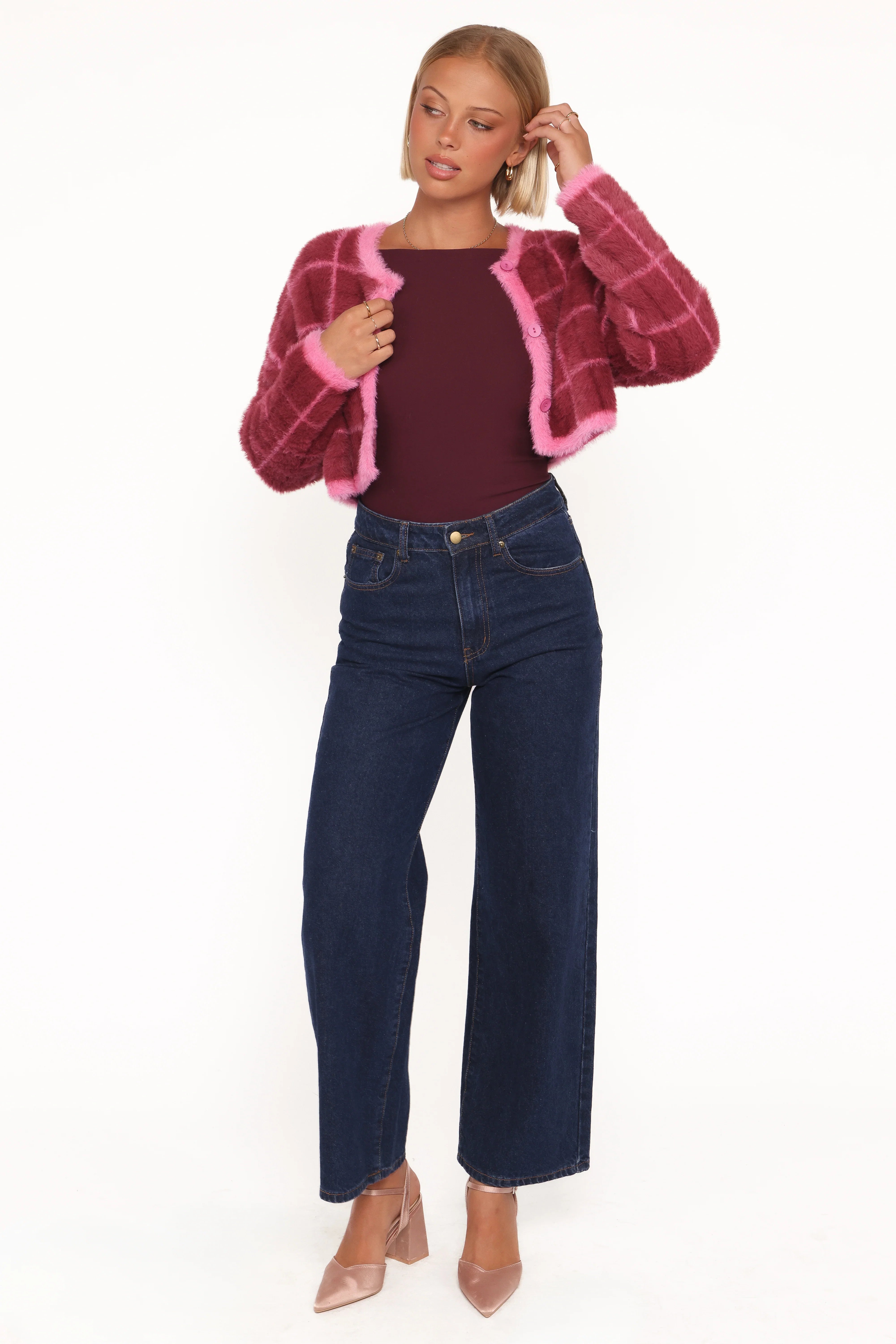Viola Plaid Button Front Cardigan Burgundy