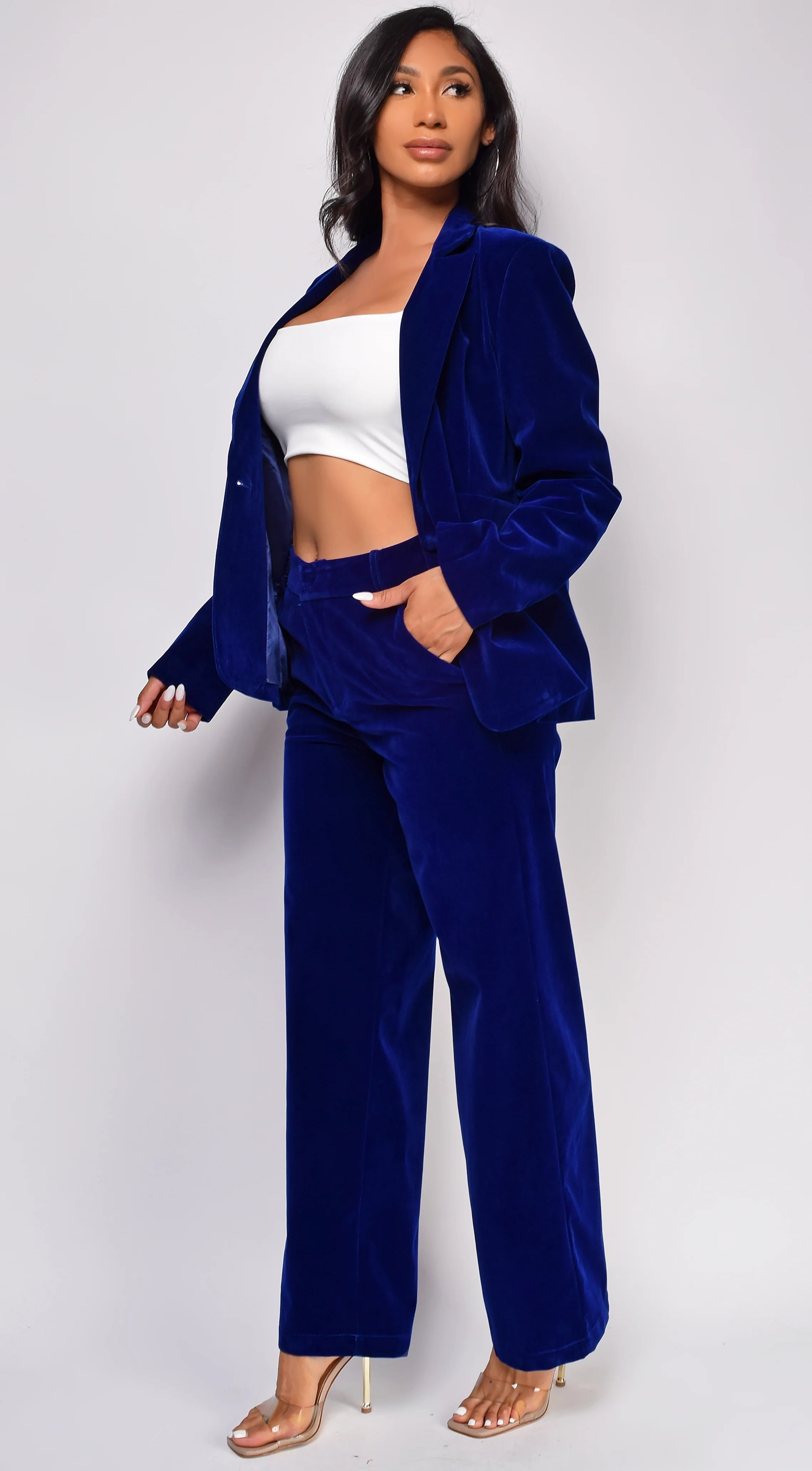 Ellia Blue Velvet Blazer Set