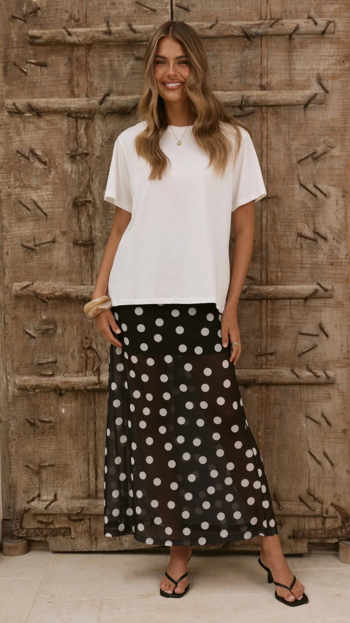 Onella Semi Sheer Maxi Skirt Black White Polka Dot