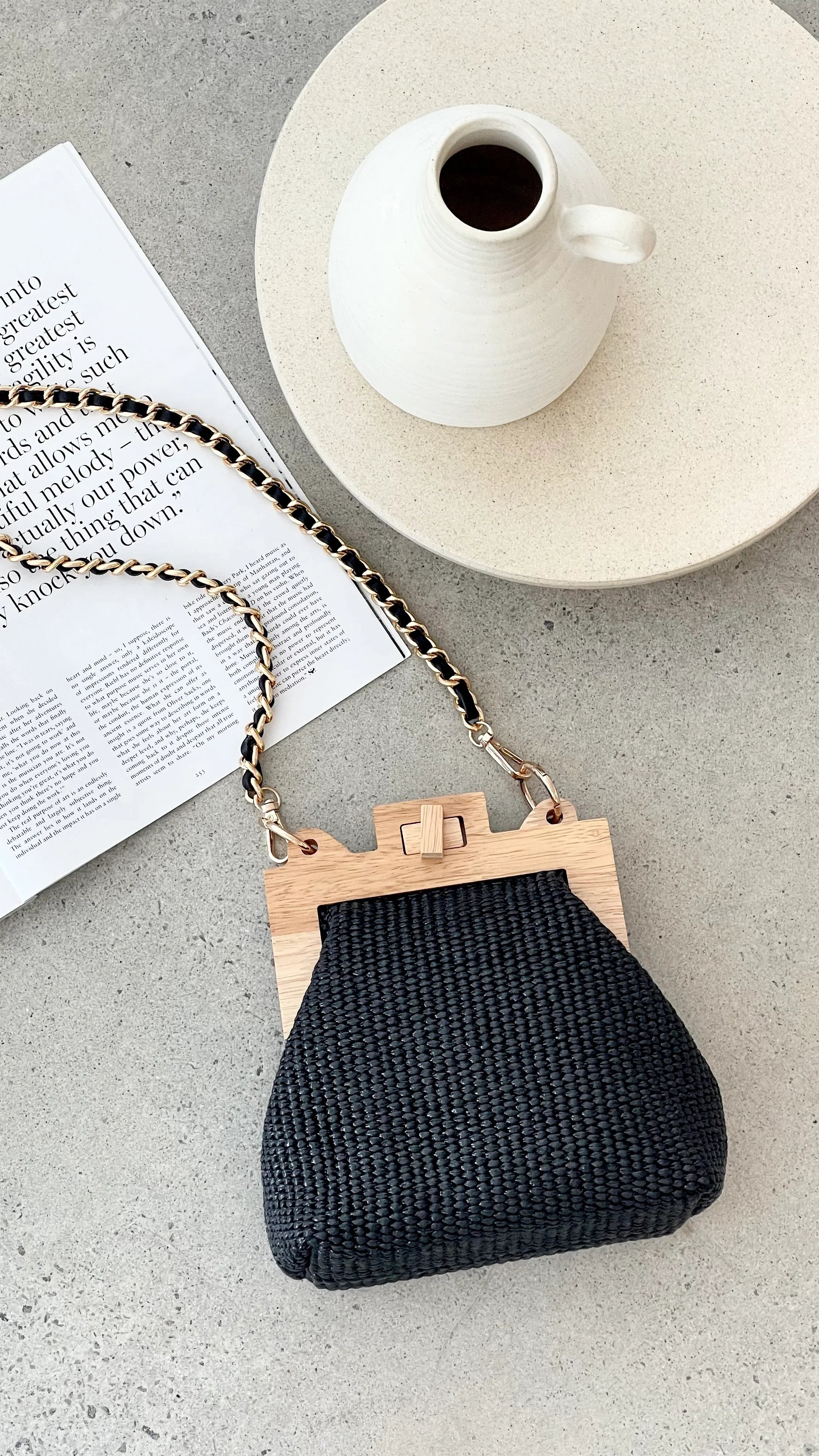 Abby Timber Frame Woven Mini Bag Black