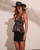 Mesa Moon Floral Halter Neck Peplum Top