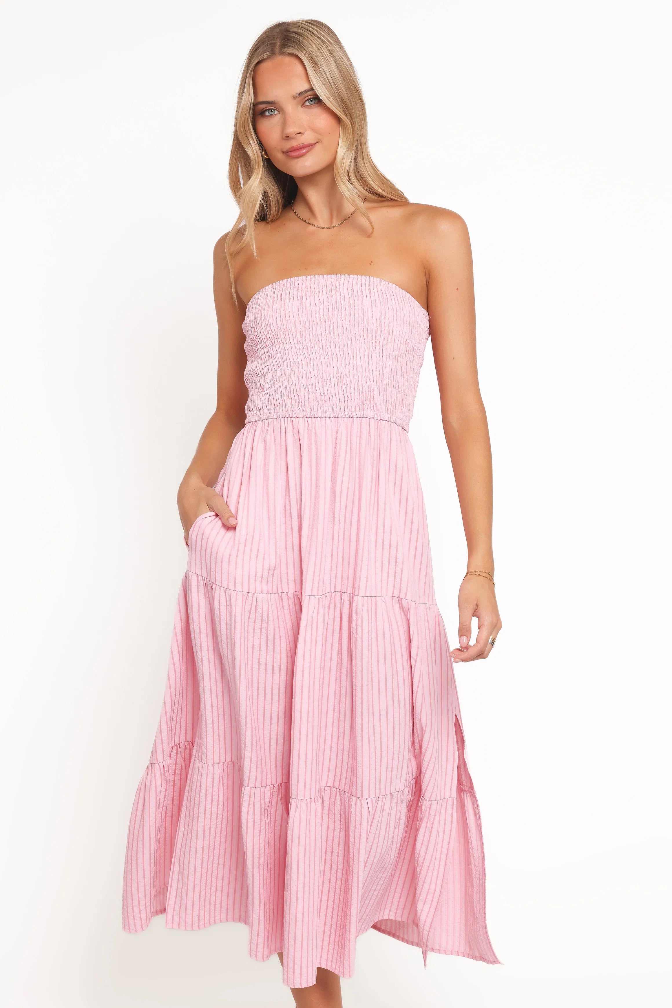 Maisie Strapless Midi Dress Pink Stripe