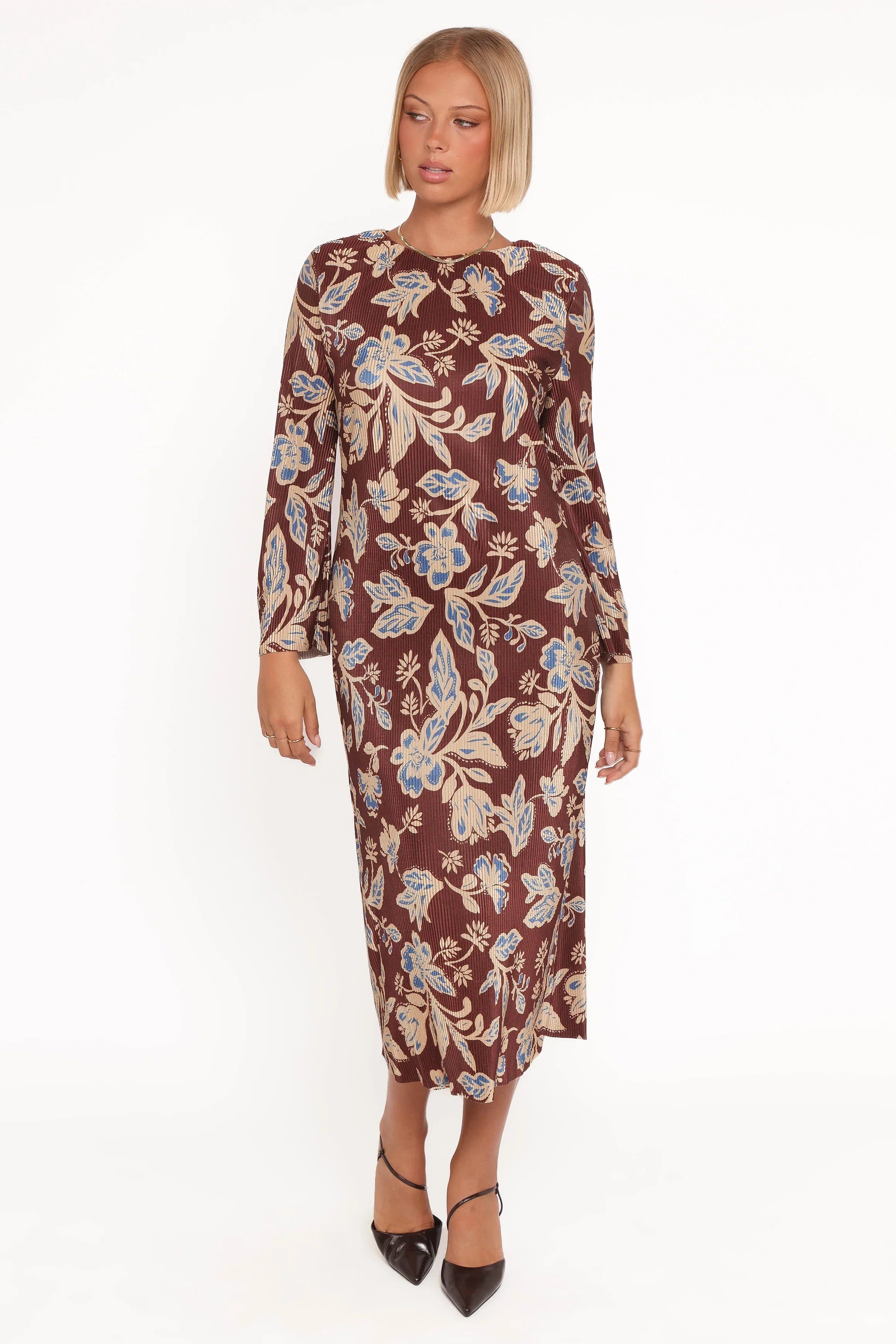 Morena Long Sleeve Midi Dress Brown Floral