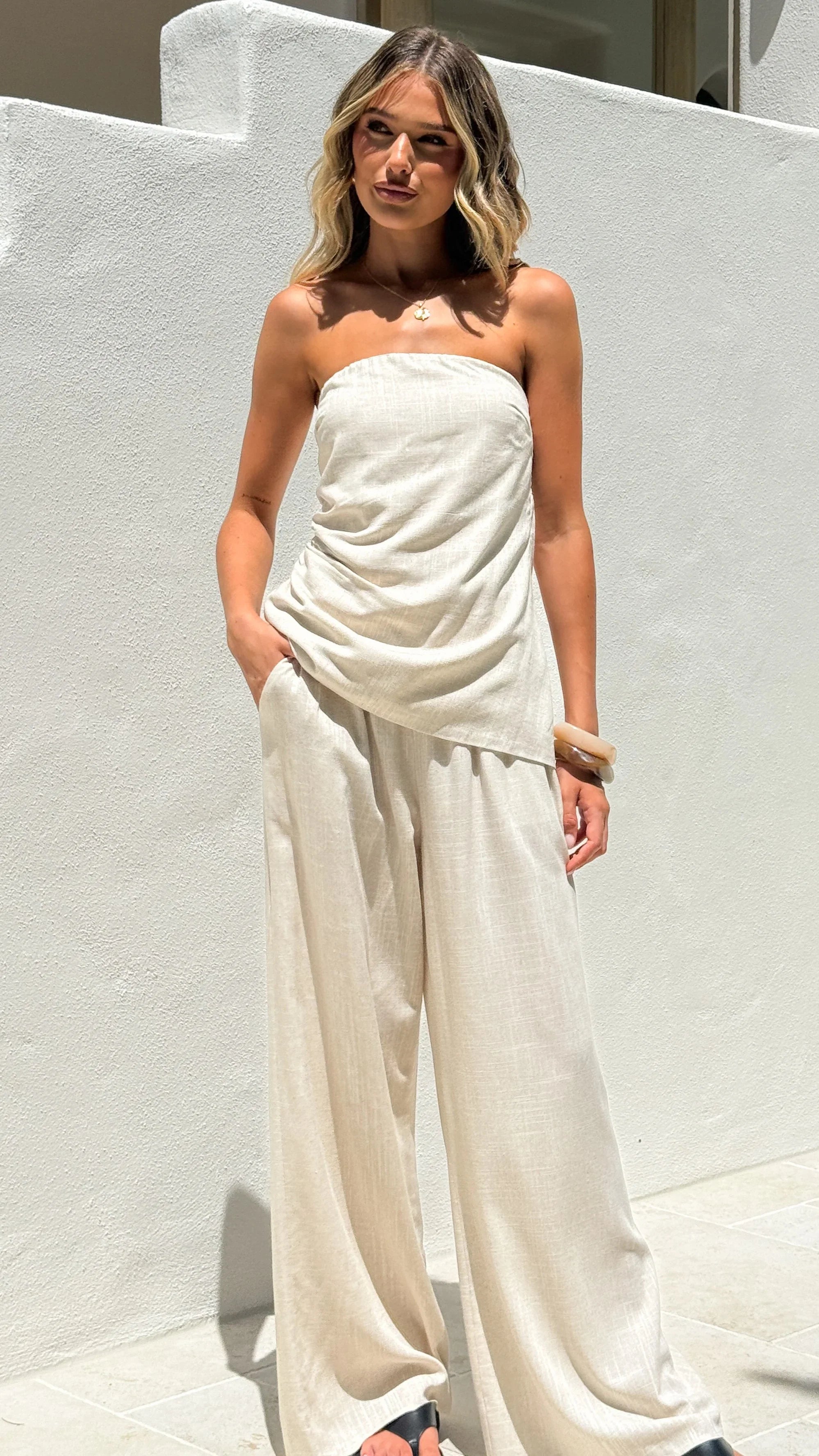 Yuki Strapless Top and Pants Set Oatmeal