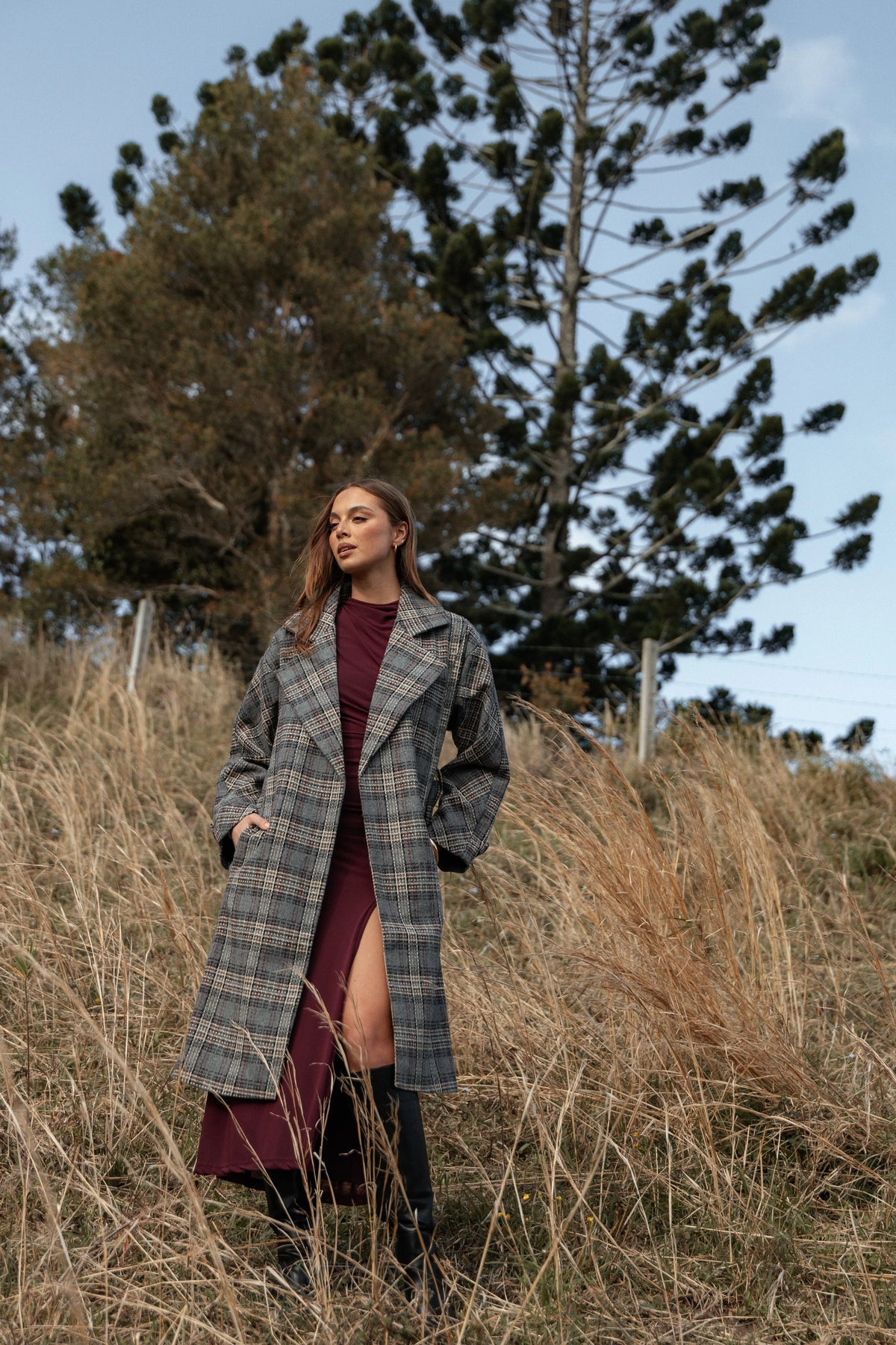 Torie Waist Tie Long Coat Grey Check