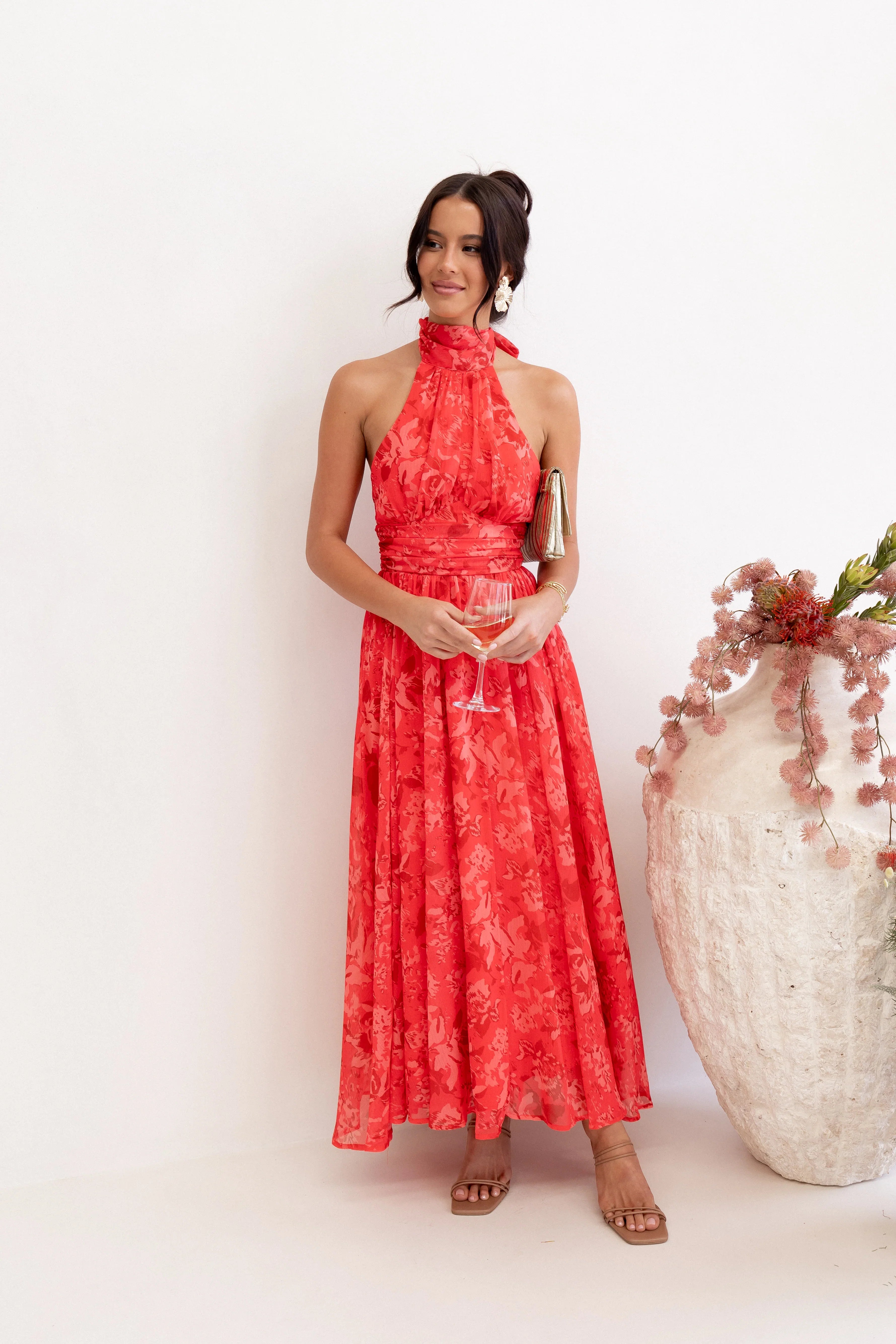 Primrose Halterneck Maxi Dress Red Floral