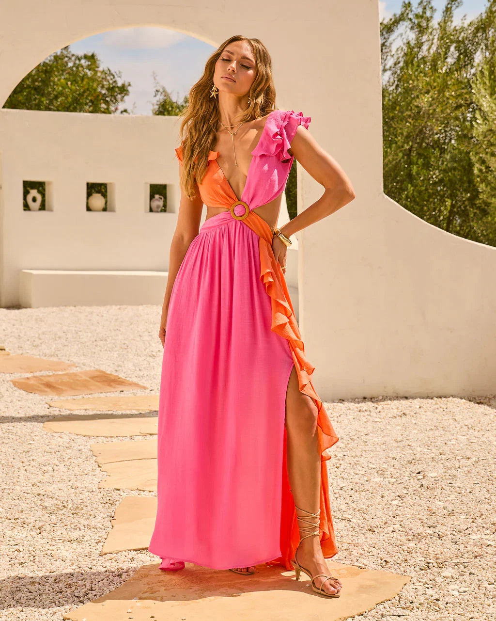Solaya Cut Out Color Block Maxi Dress
