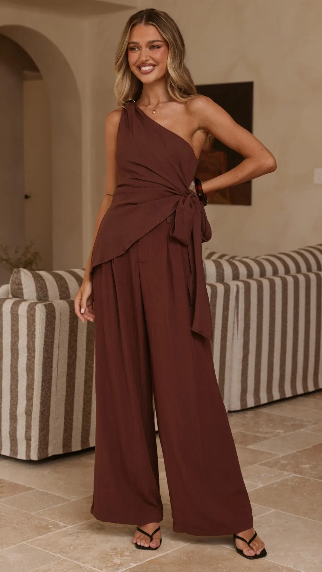 Leela One Shoulder Top and Pants Set Brown