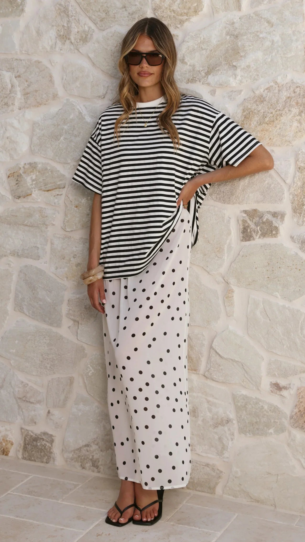 Elisha T Shirt and Sheer Maxi Skirt Set Black White Stripe and Polka Dot