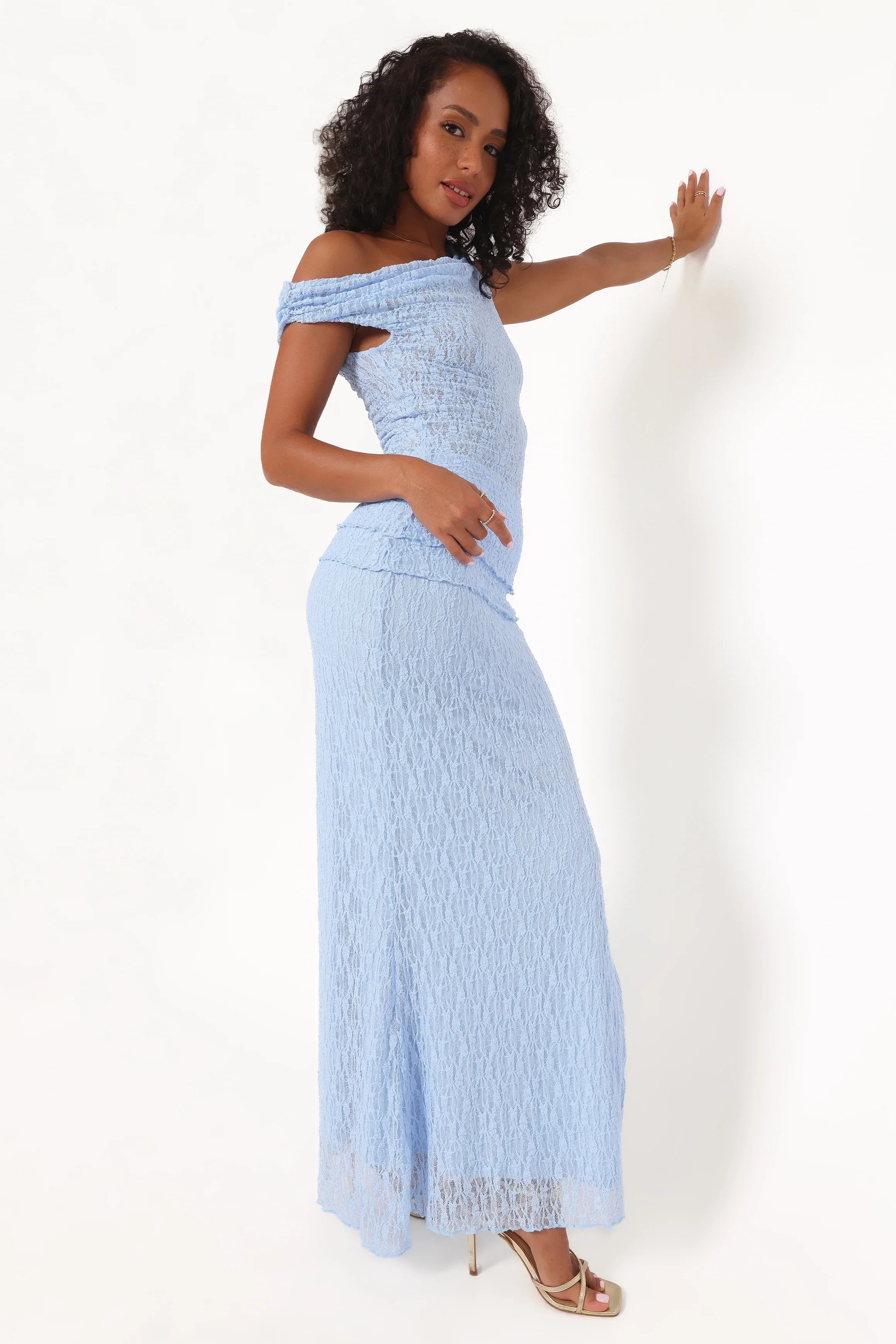 Faeriel Off Shoulder Lace Knit Top Blue