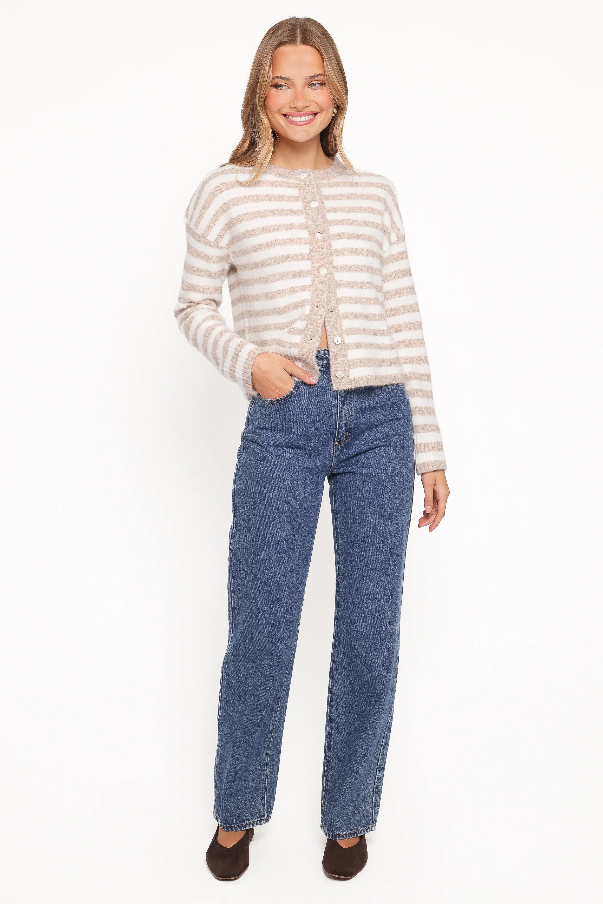 Dean Striped Cardigan White Beige
