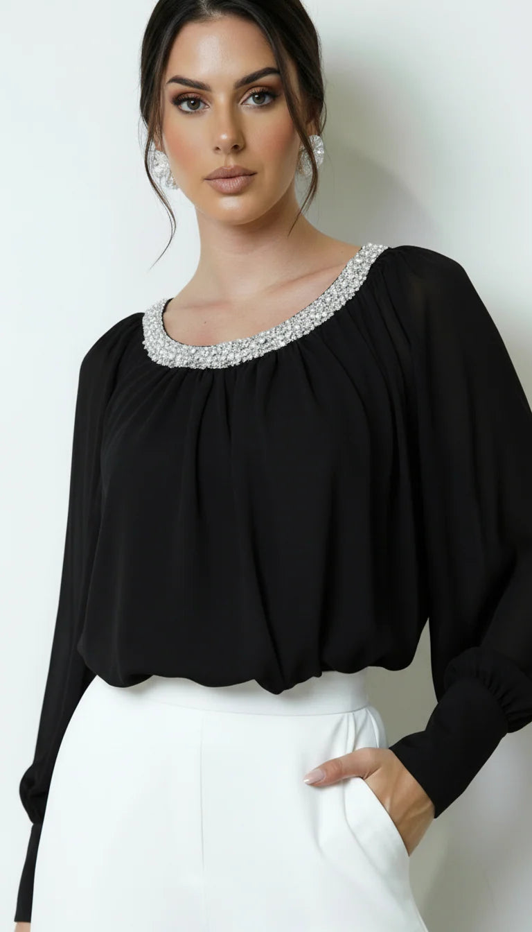 Halo Beaded Sheer Blouse White