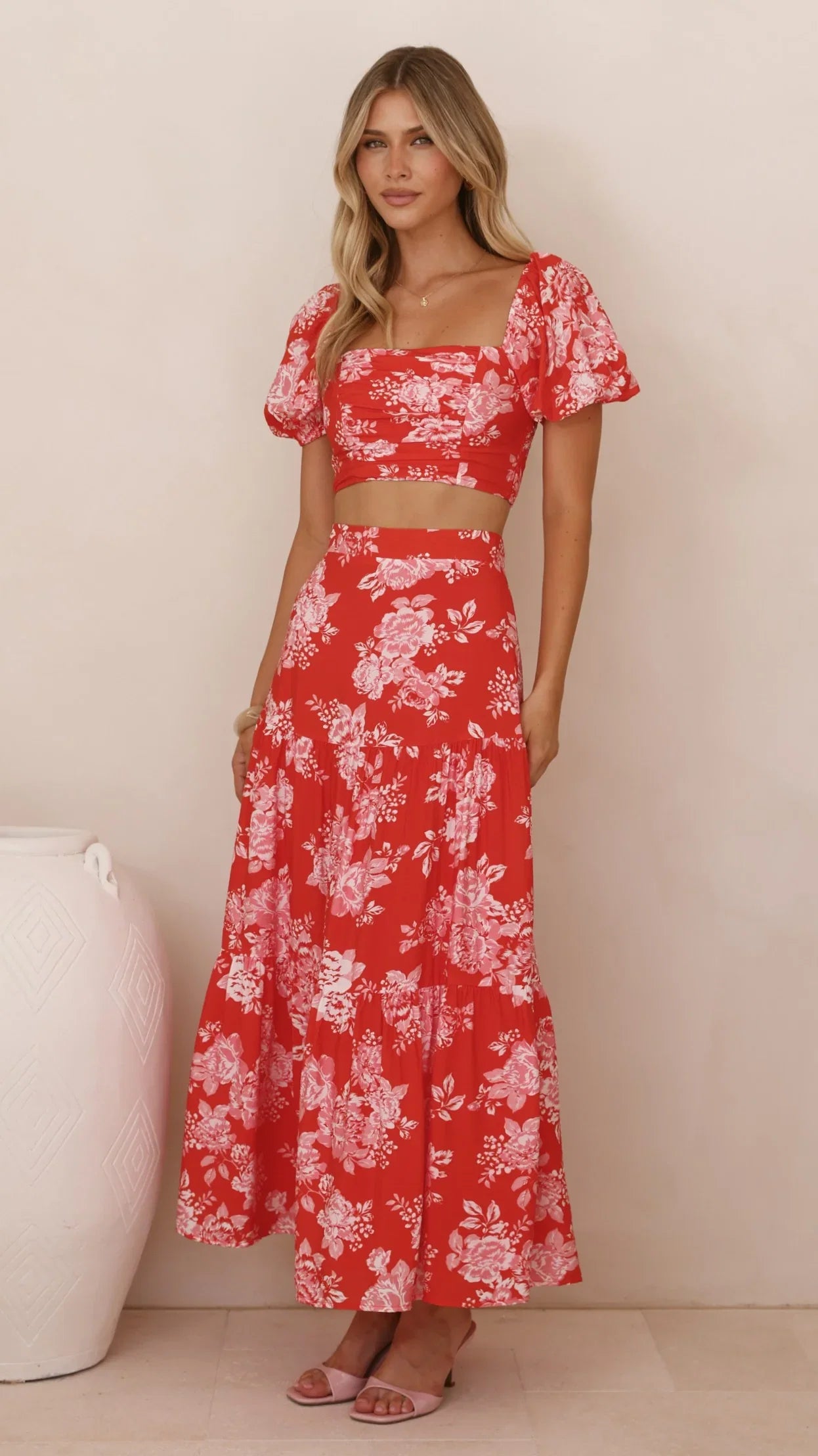 Calla Top and Maxi Skirt Set Red Floral