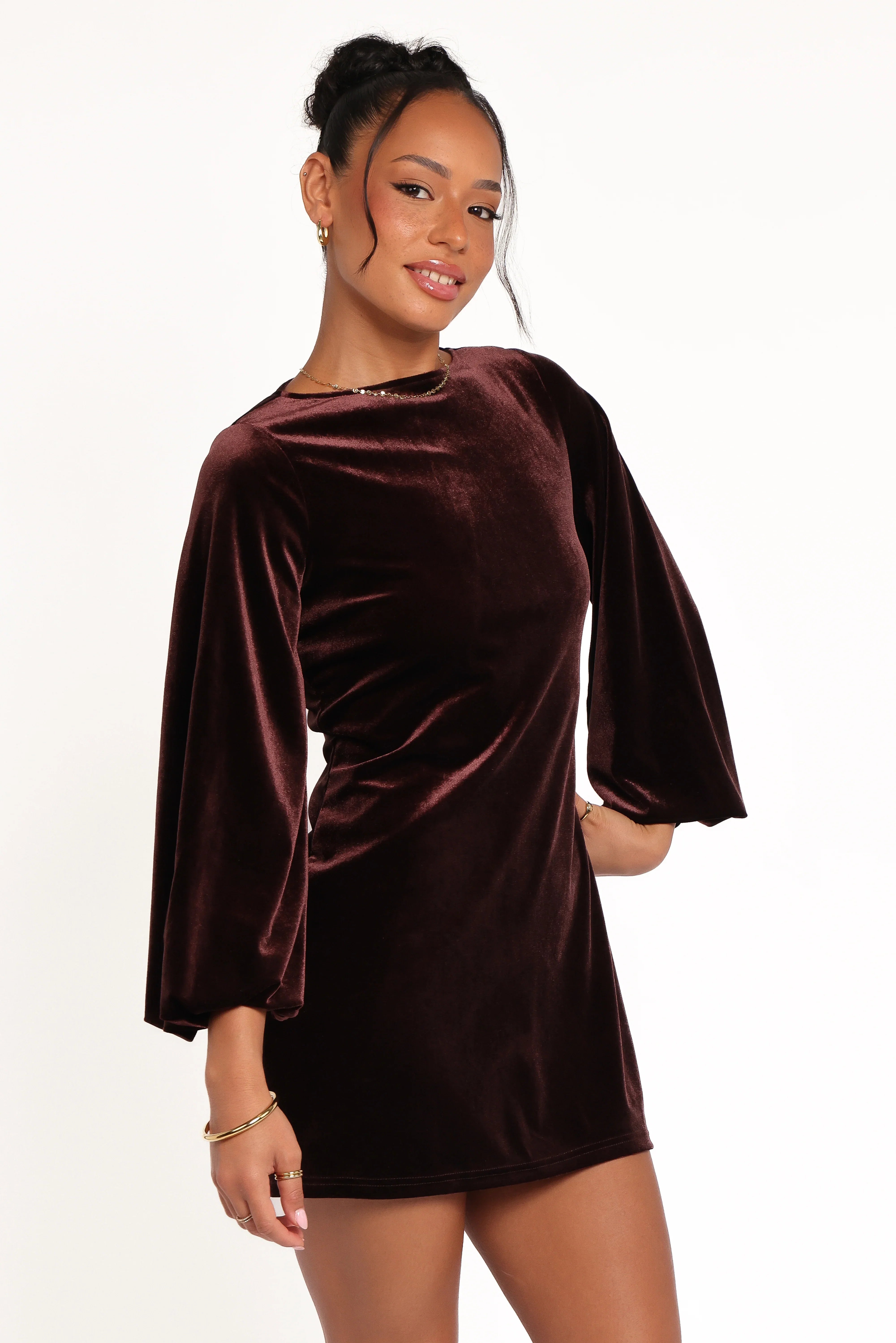 Twylar Long Sleeve Velvet Mini Dress Brown