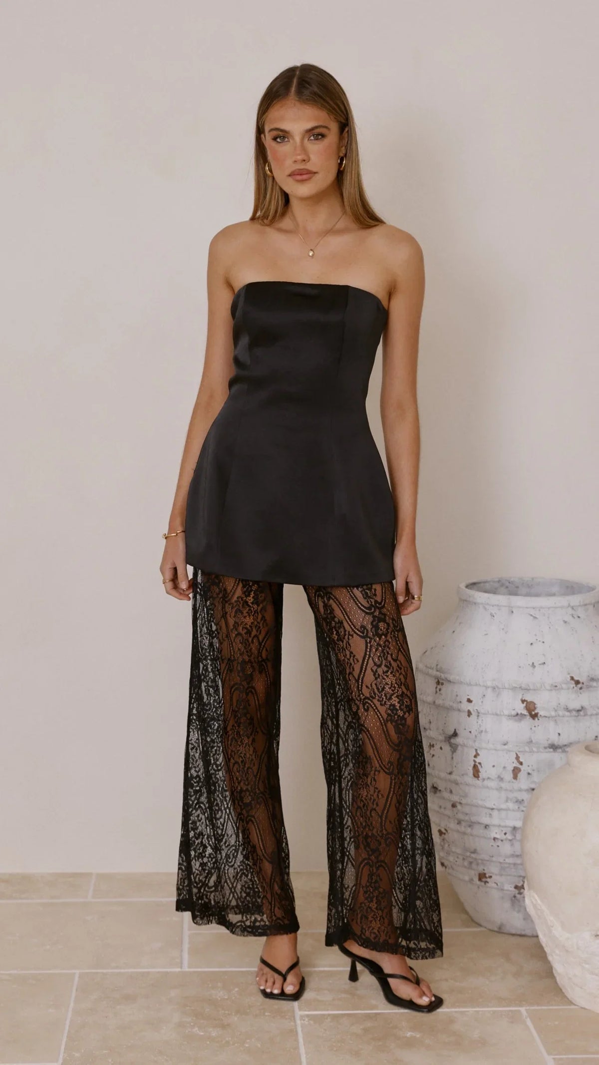 Harlean Strapless Top and Lace Pants Set Black