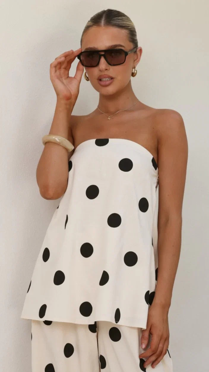 Hazelle Strapless Top Beige Black Polka Dot