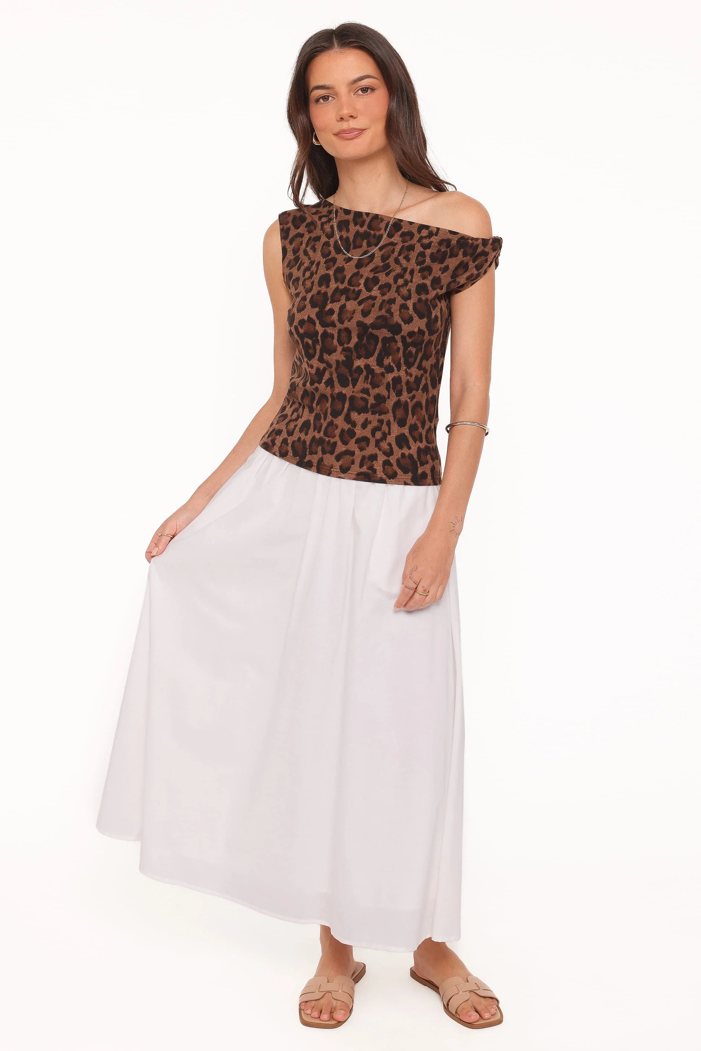 Maelis Twist Shoulder Mesh Top Brown