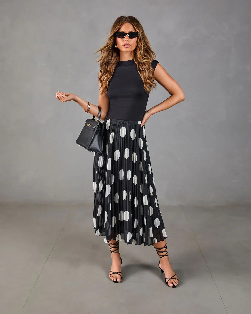 Evening Icon Pleated Polka Dot Midi Skirt