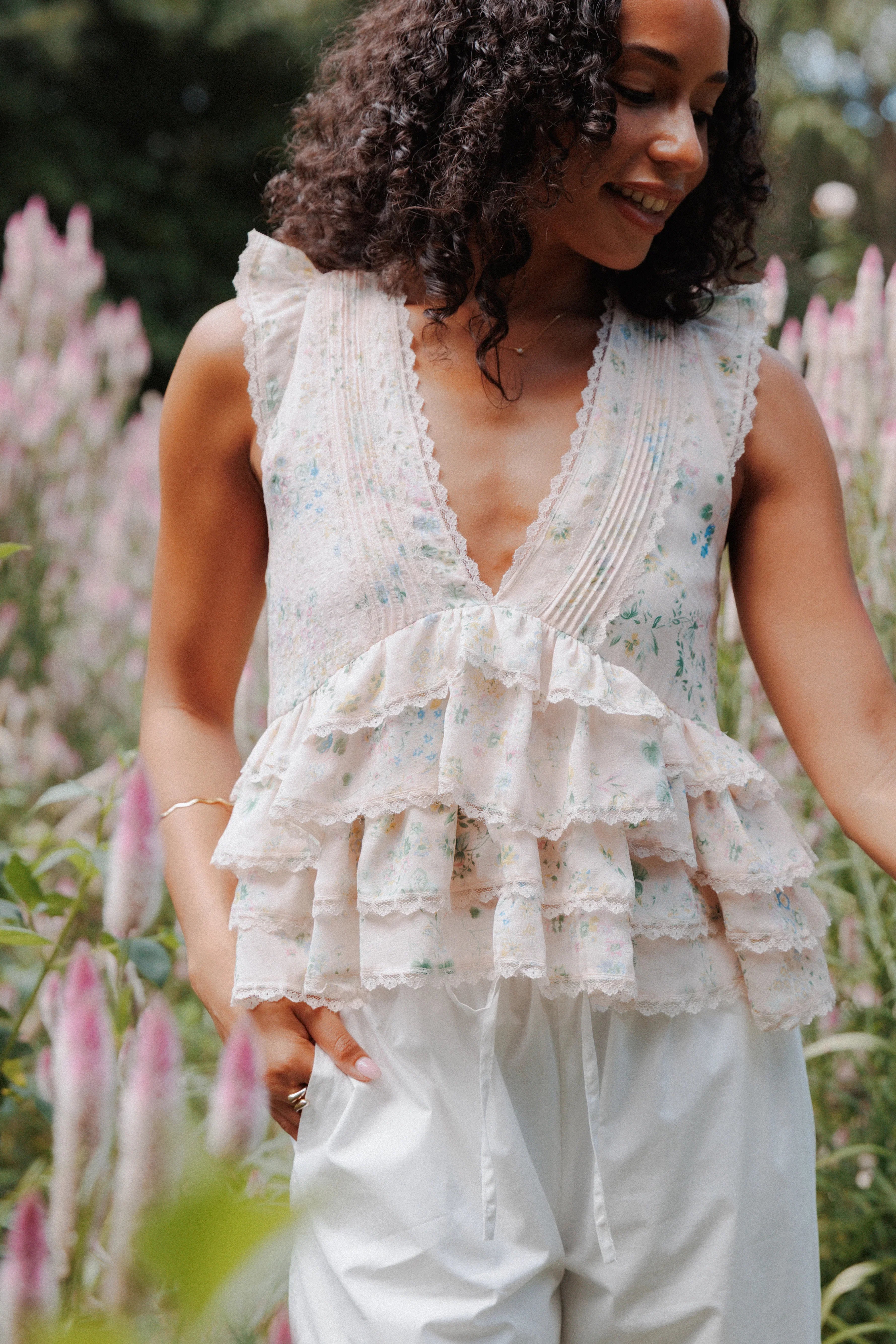 Yana Ruffle Top Pastel Pink Floral