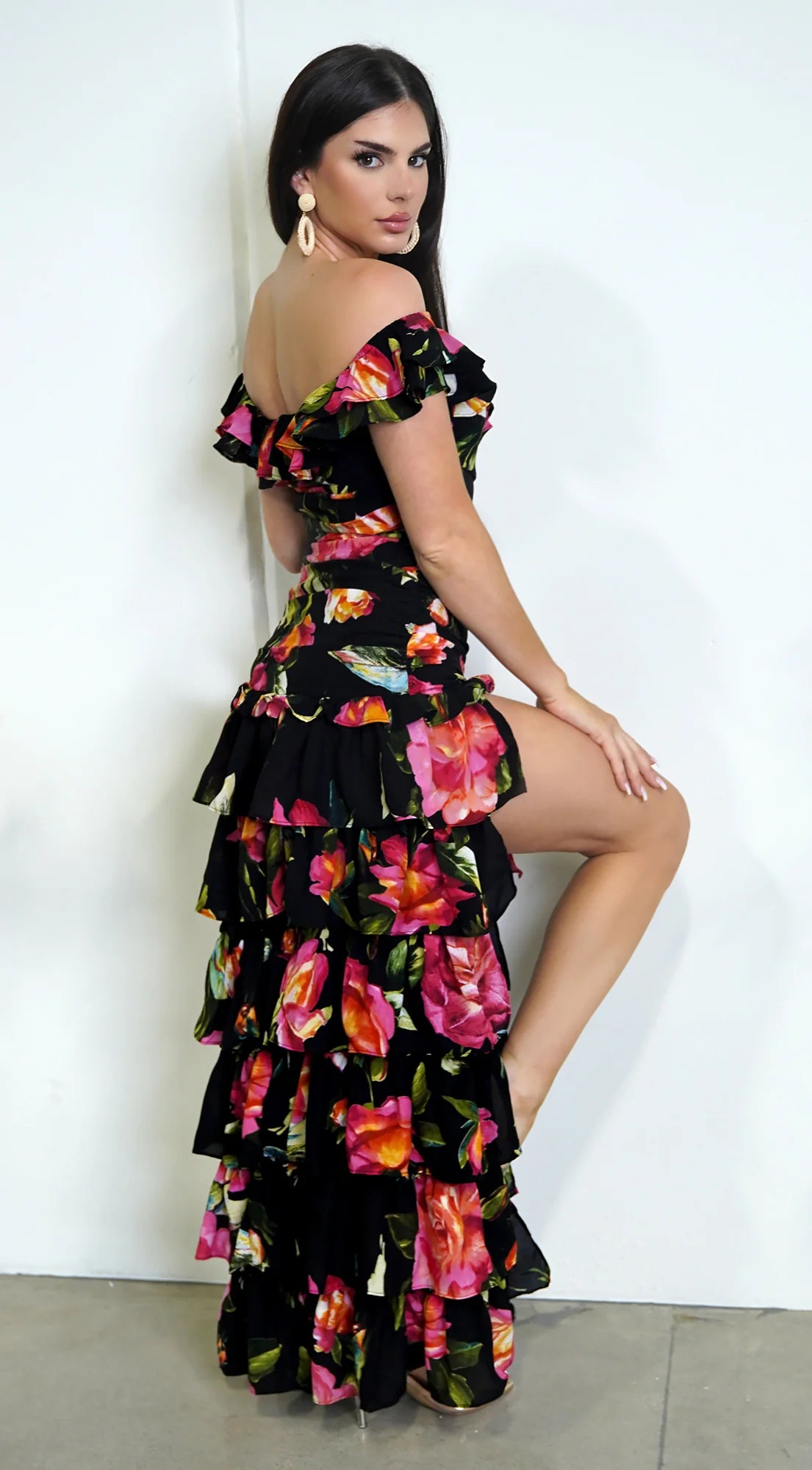 Eivissa Floral Off Shoulder Ruffle Tier Maxi Dress Black