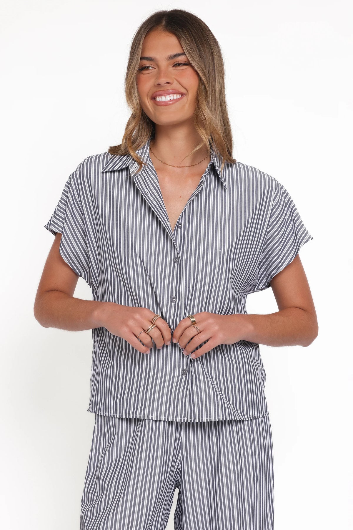 Melanie Pant Set Charcoal Stripe