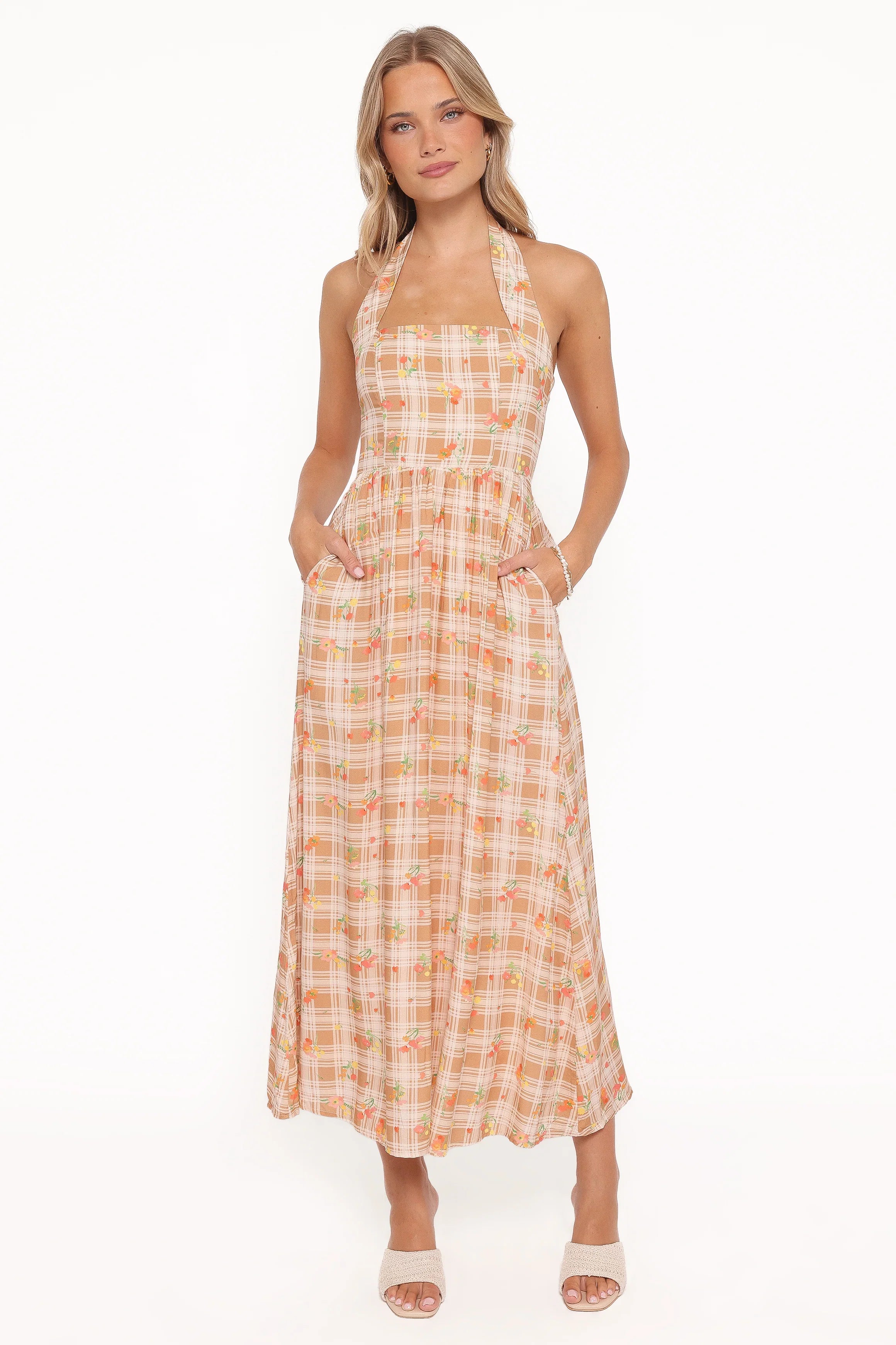 Gemini Halterneck Maxi Dress Yellow Floral Gingham