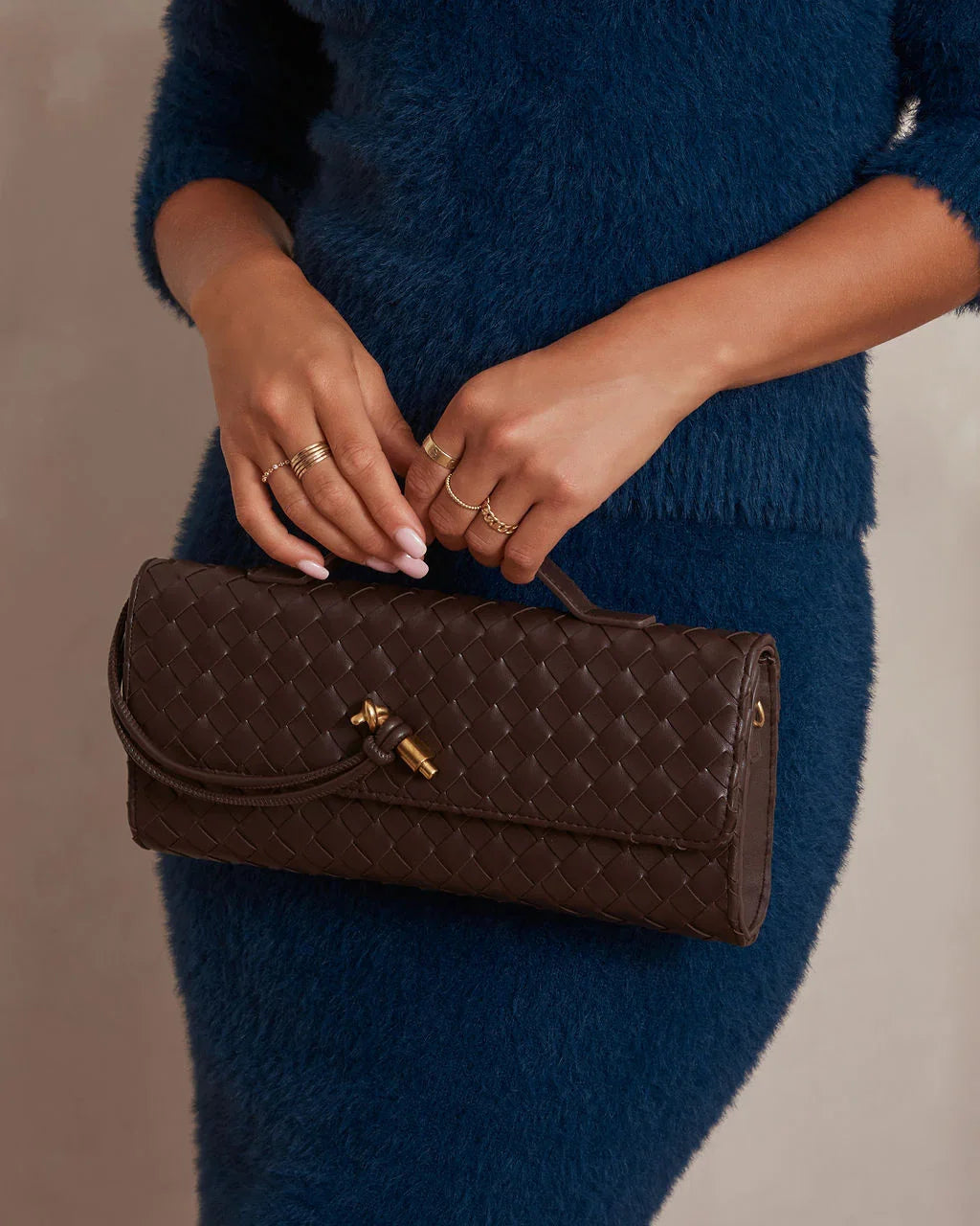 Porta Woven Leather Top Handle Clutch