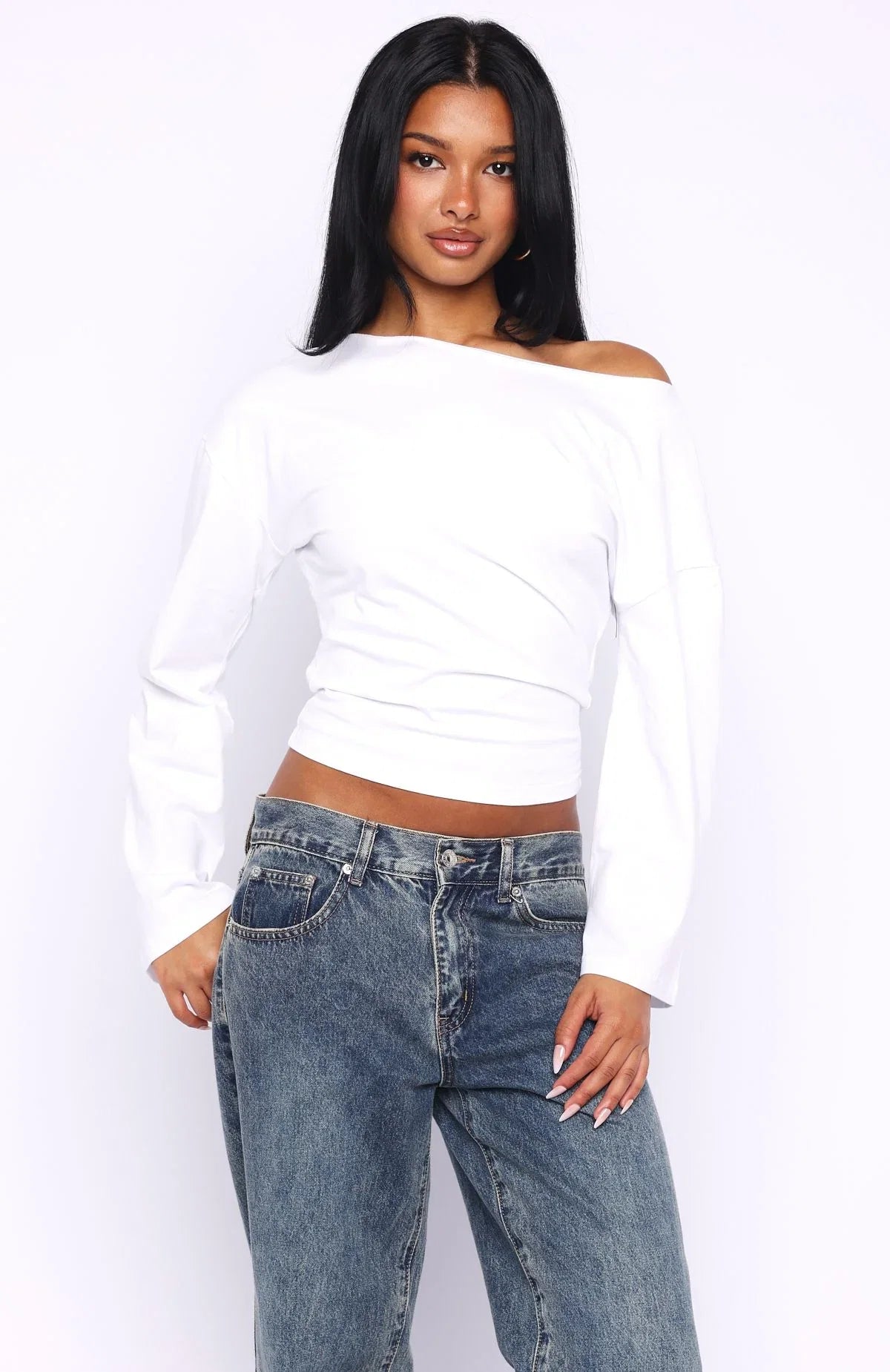 Falling For Him Cinched Waist Off Shoulder Long Sleeve Top White