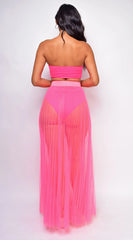 Palmaria Neon Pink Pleated Sheer Tulle Maxi Cover up Skirt