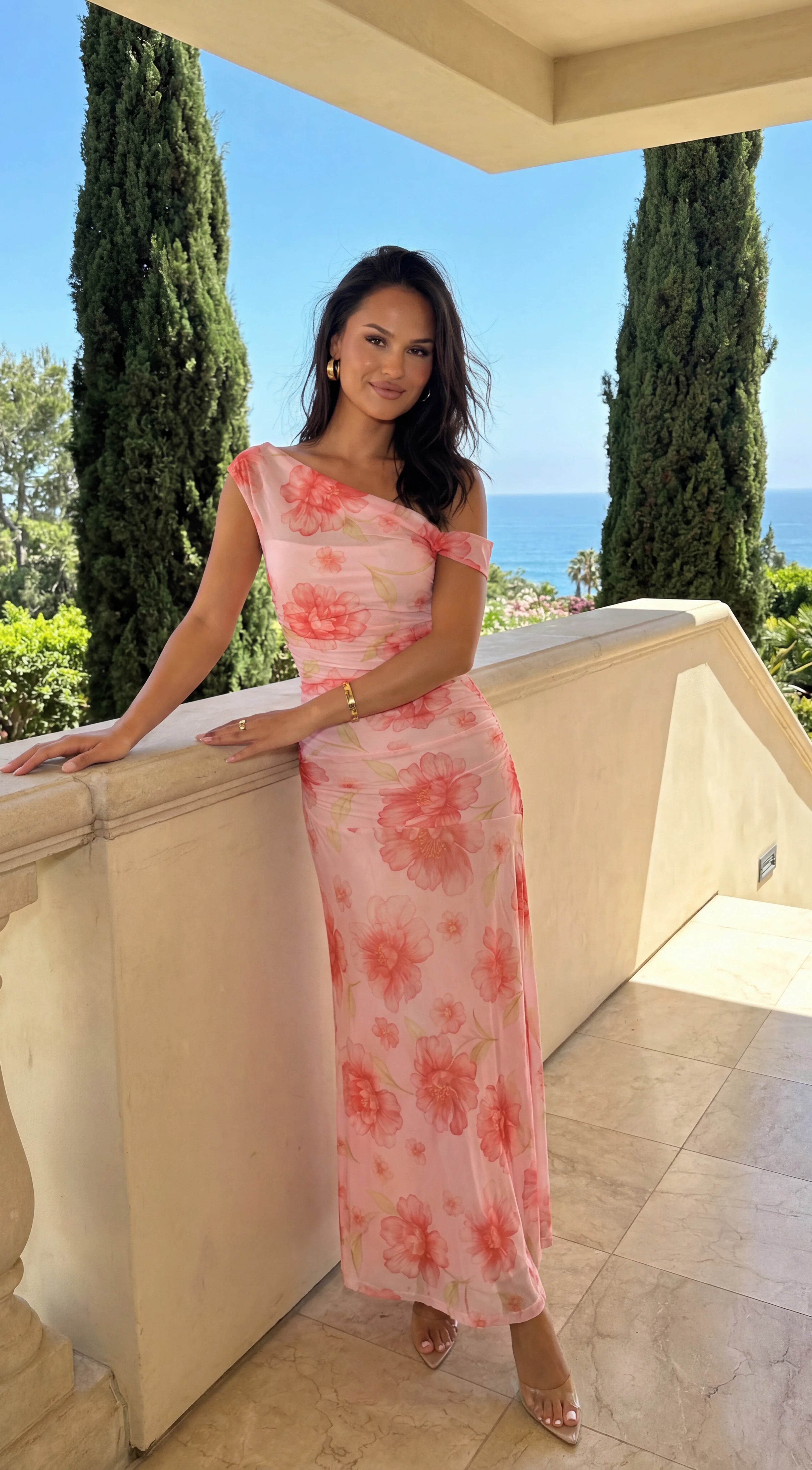 Camelliana One Shoulder Floral Maxi Dress Pink