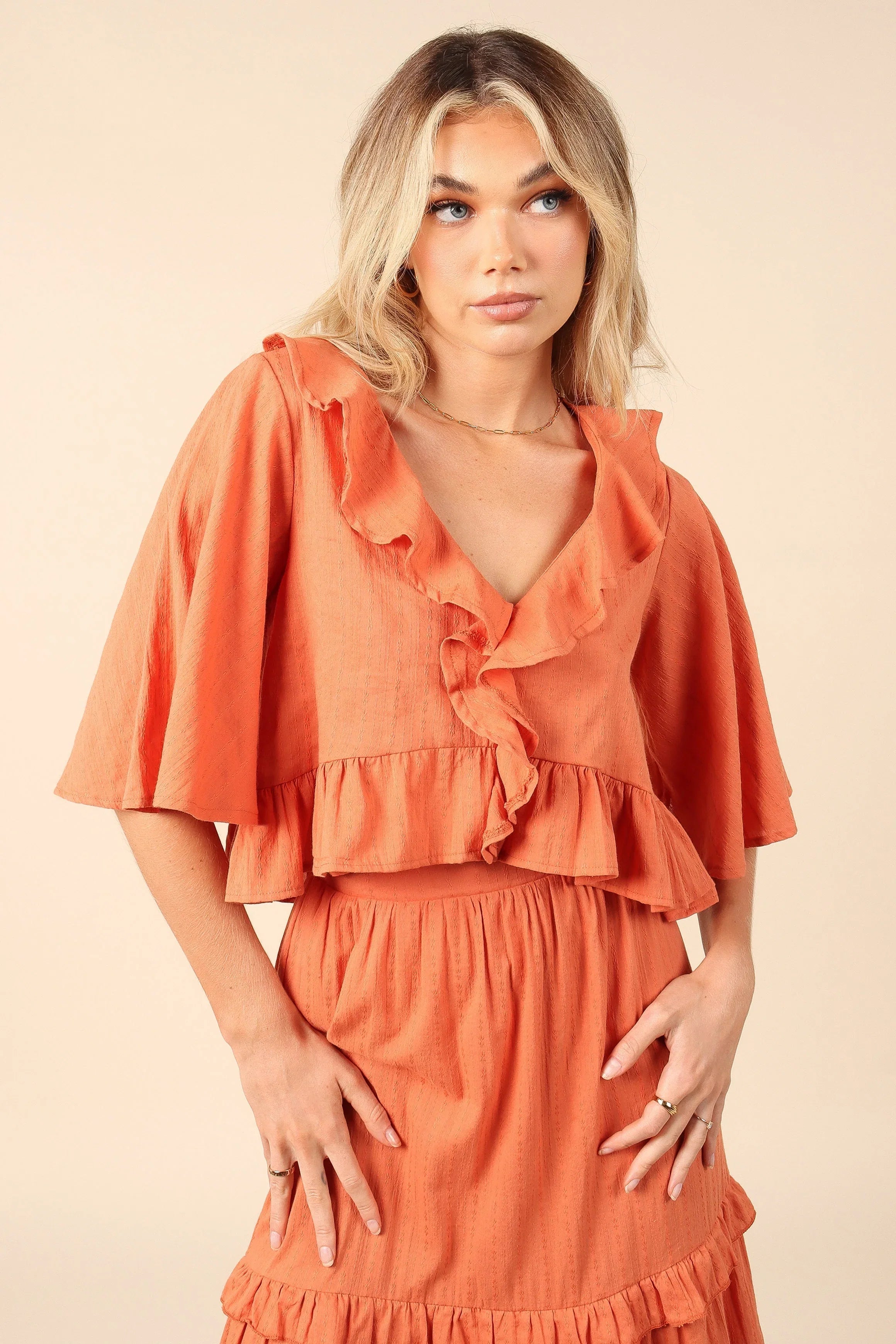 Sheridan Cropped Ruffle Top Rust