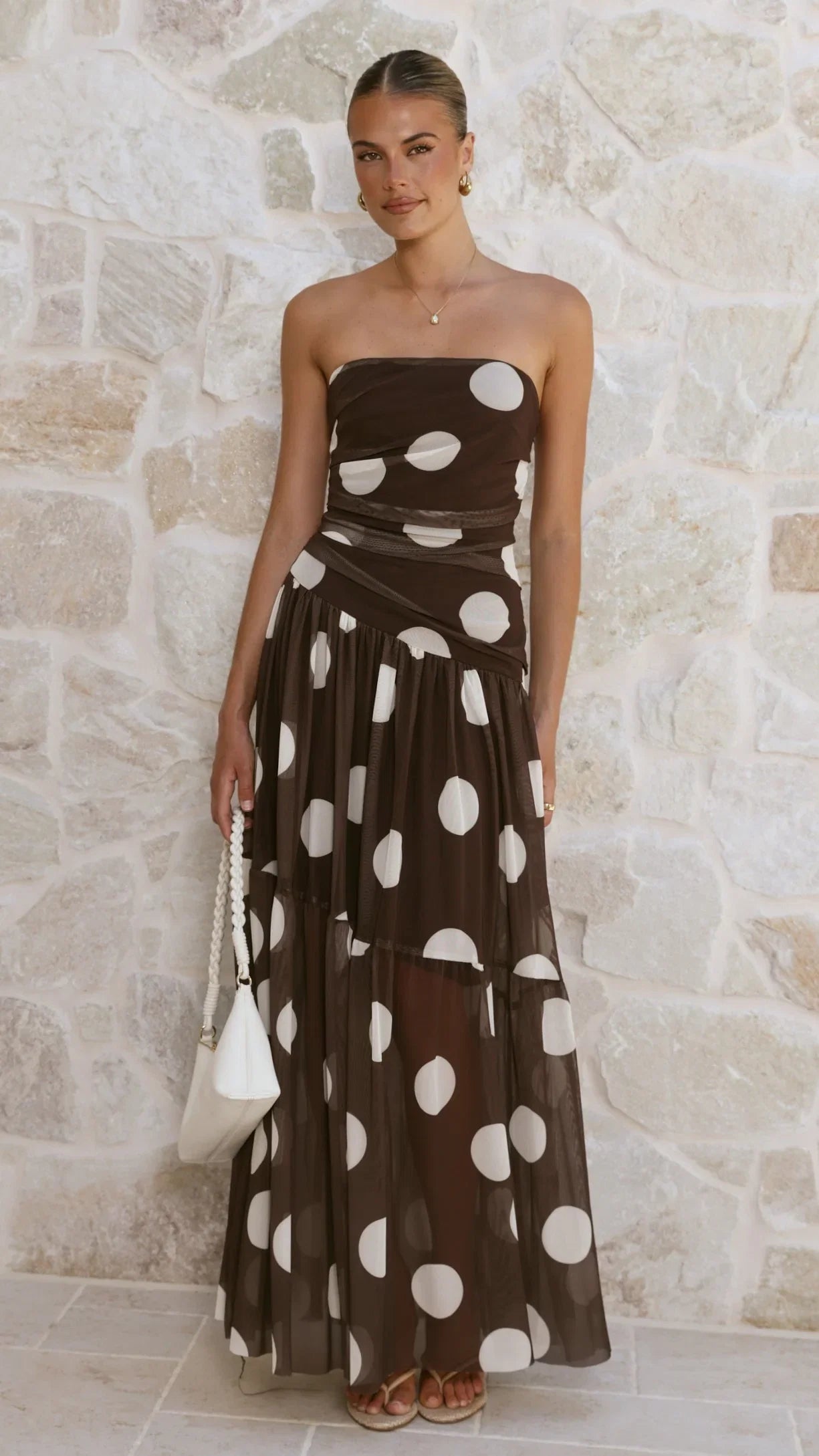 Riko Strapless Maxi Dress Chocolate Macro Polka